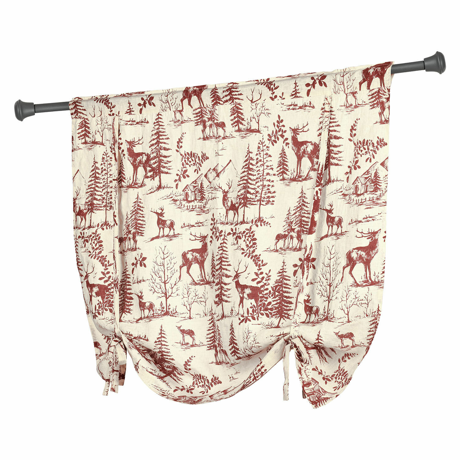 Rideau en coton crème avec imprimé rouge de cerfs et forêt, décoration intérieure rustique