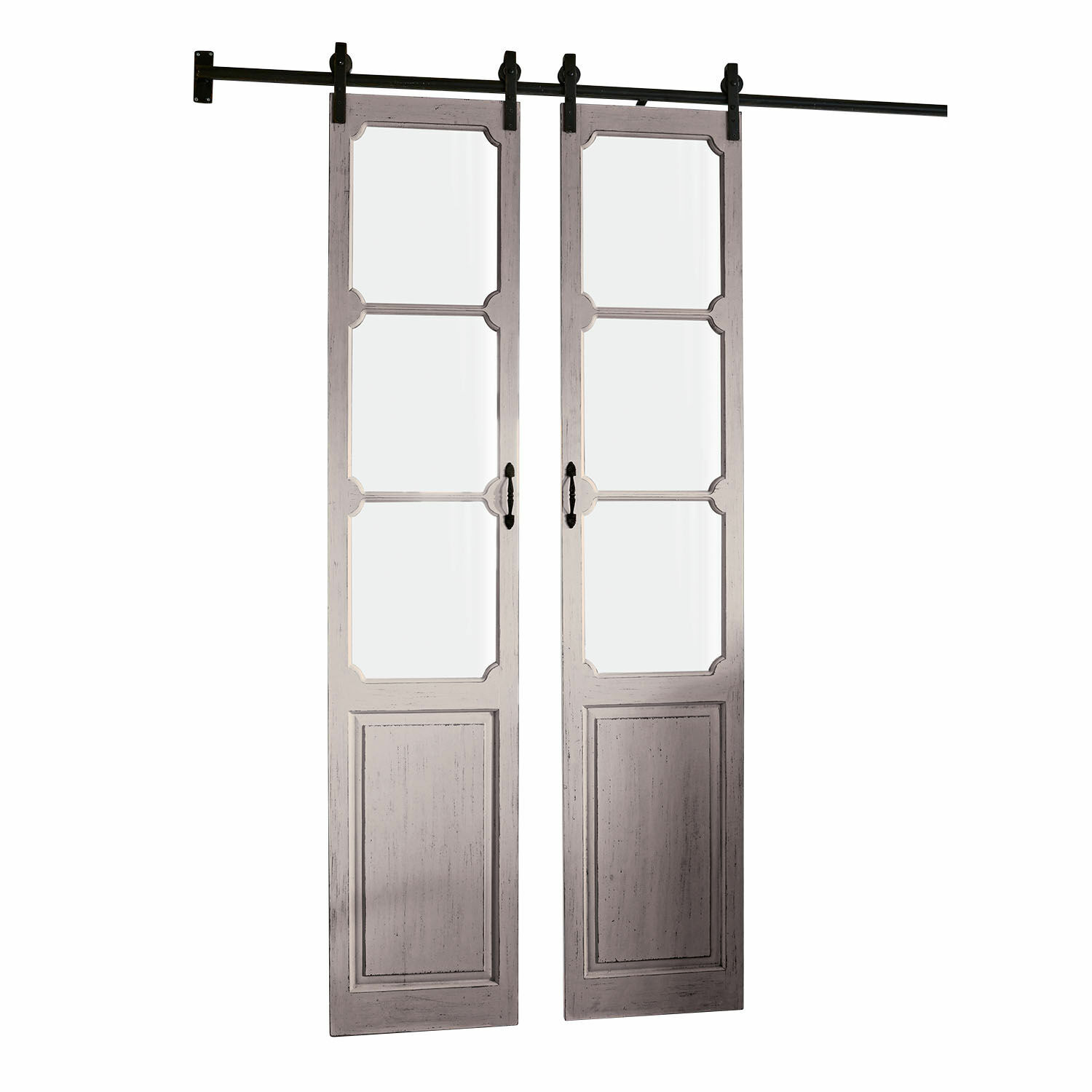 gris vieilli Porte coulissante double Tibout en bois gris antique avec panneaux vitrés pour décoration intérieure