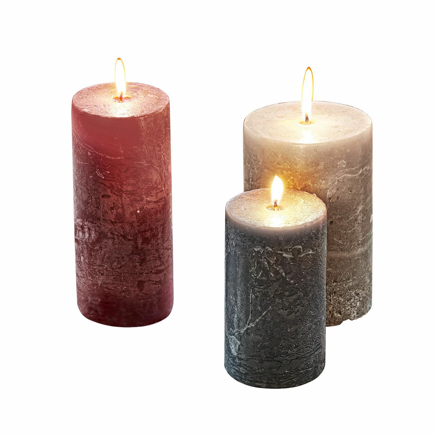 Lot de 3 bougies Pretin Ensemble de trois bougies décoratives en rouge, gris et noir avec texture naturelle de cire