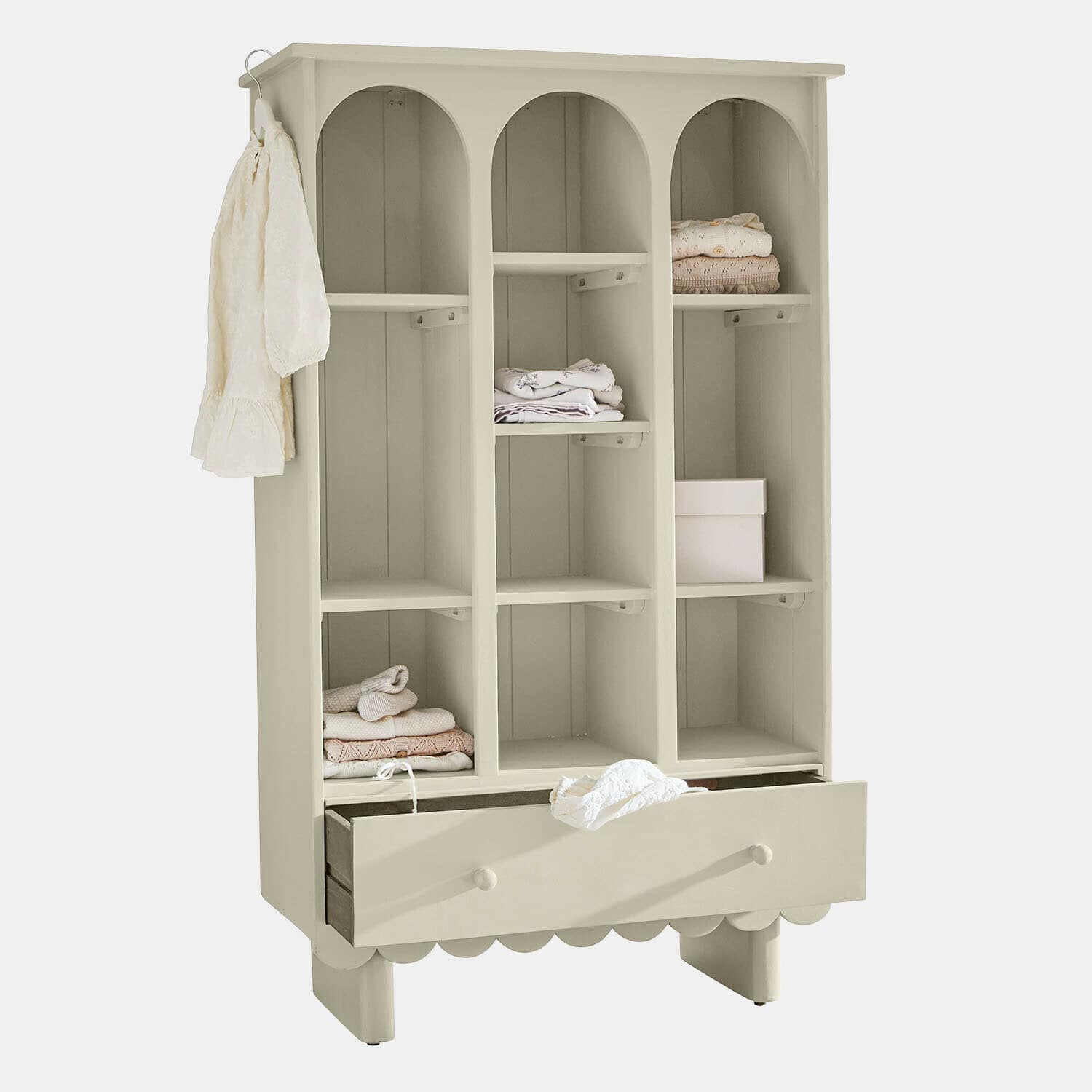 Armoire Agliana Armoire beige en bois avec trois compartiments et un tiroir, meuble de rangement pratique pour vêtements