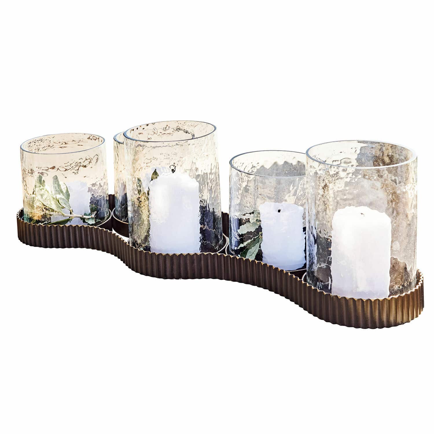Photophore Méridienn Ensemble de 5 photophores en verre avec bougies blanches sur socle en métal brun décoratif