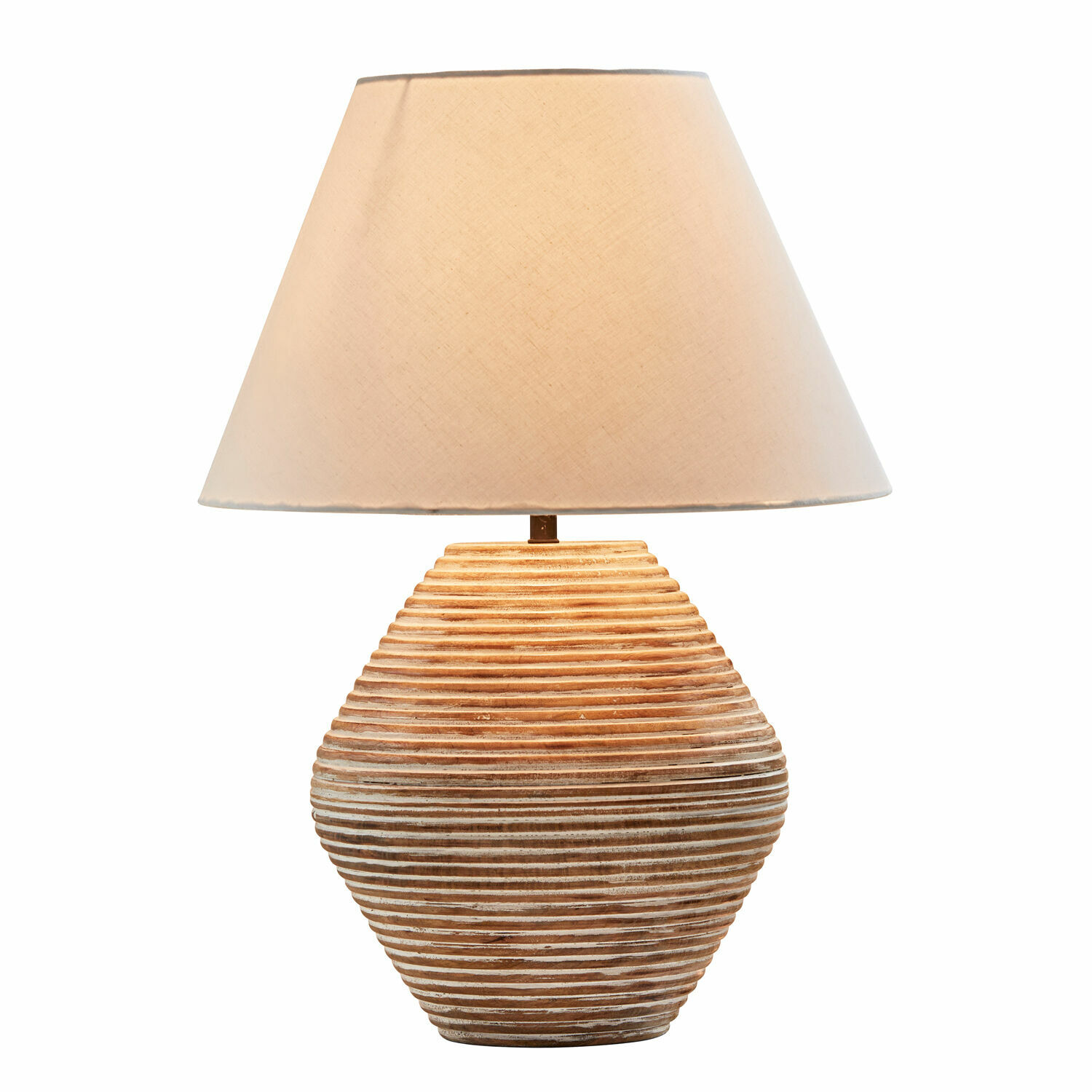 Lampe à poser Landelin Lampe de table avec abat-jour beige et base en céramique rayée marron et blanc