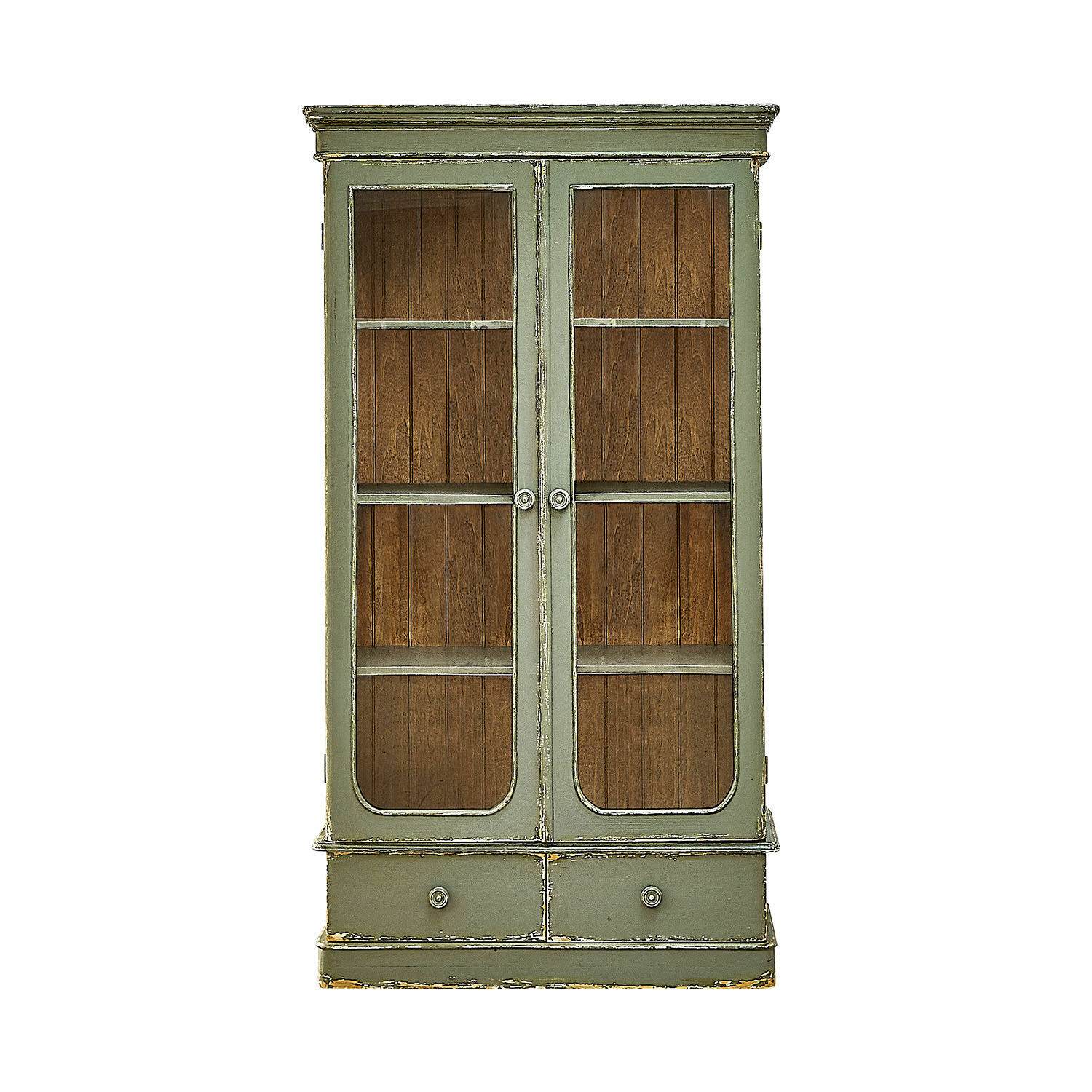 vert Armoire Cassanet verte en bois avec portes vitrées et deux tiroirs pour rangement pratique