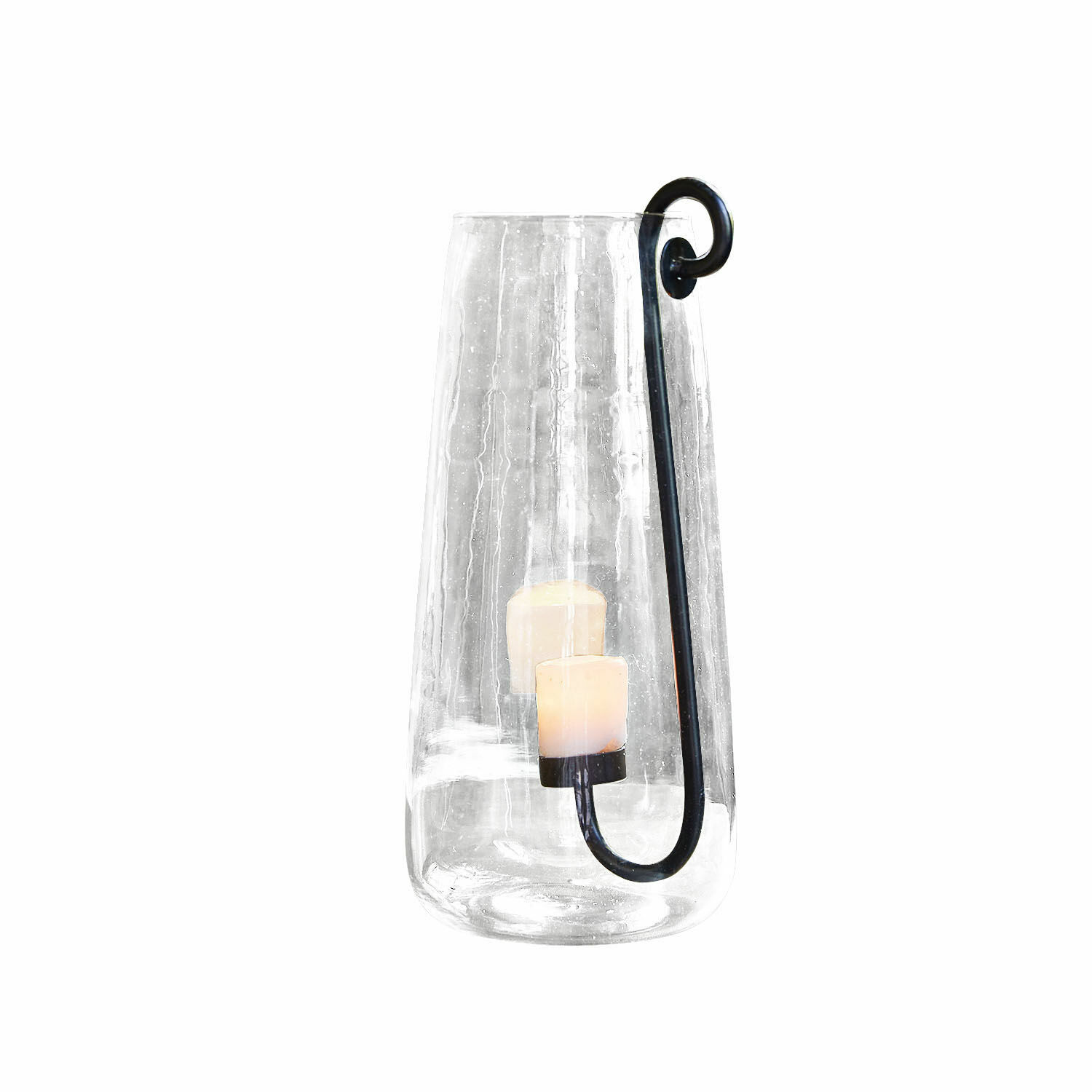 Photophore Lamark Lanterne en verre avec poignée en métal noir et bougie LED pour décoration intérieure et extérieure