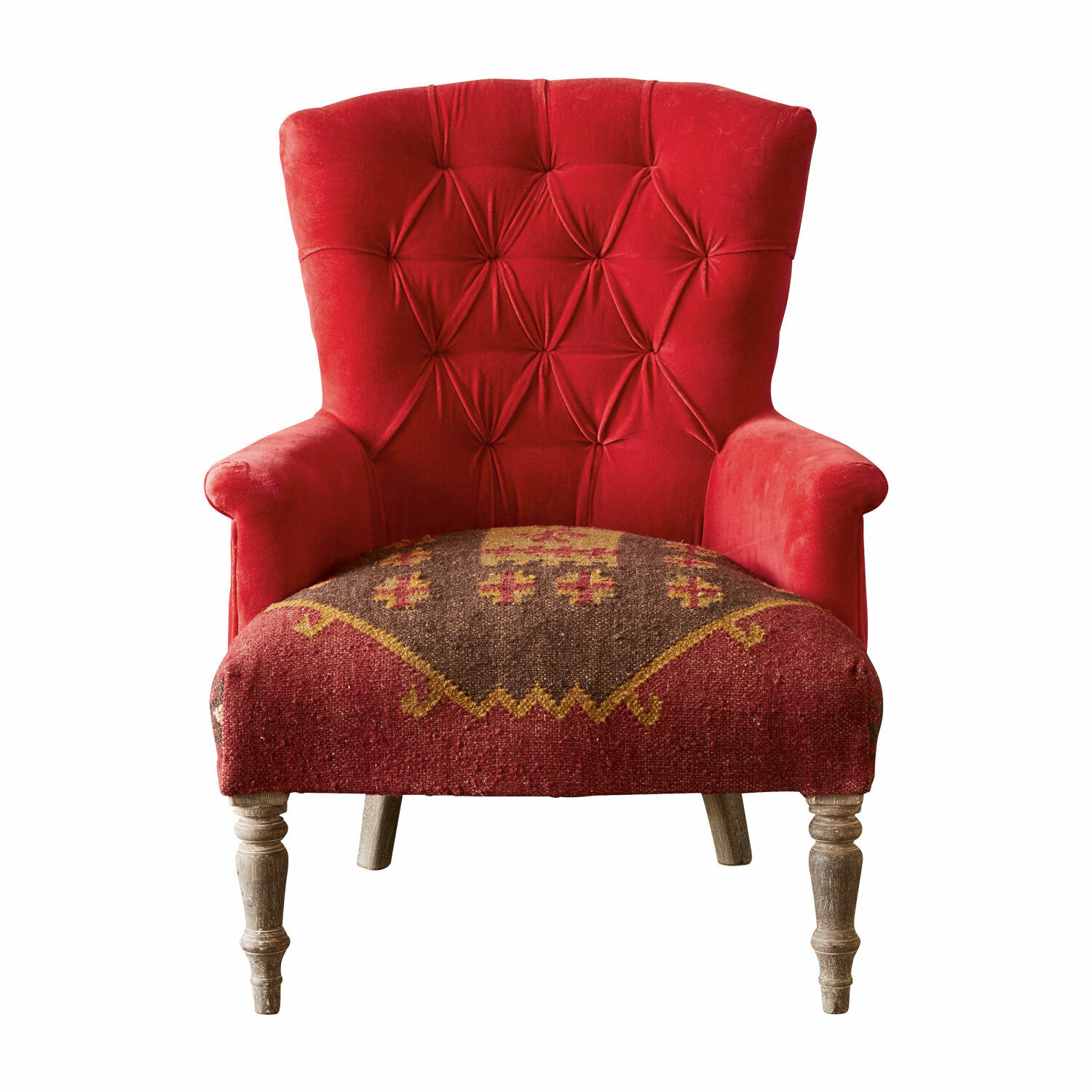 rouge/marron Fauteuil Hinsdale rouge en velours avec motif décoratif sur l'assise et pieds en bois