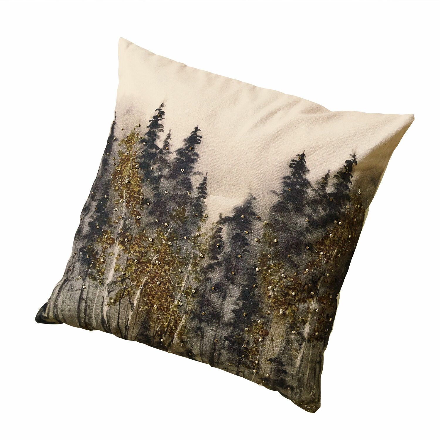Housse de coussin Aurignac Coussin beige décoratif avec motif forêt et sequins dorés, tissu doux, accessoire déco intérieur