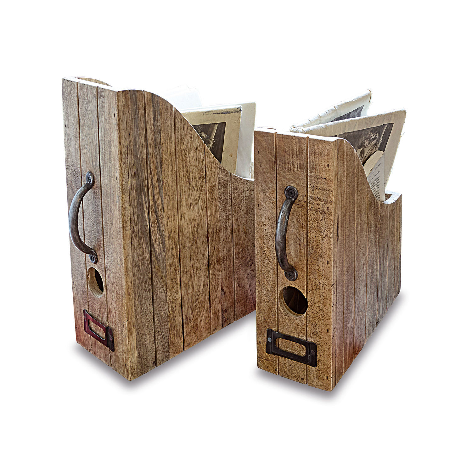 Lot de 2 porte-revues Kardifa Range-magazines en bois naturel avec poignées en métal pour un rangement pratique et décoratif