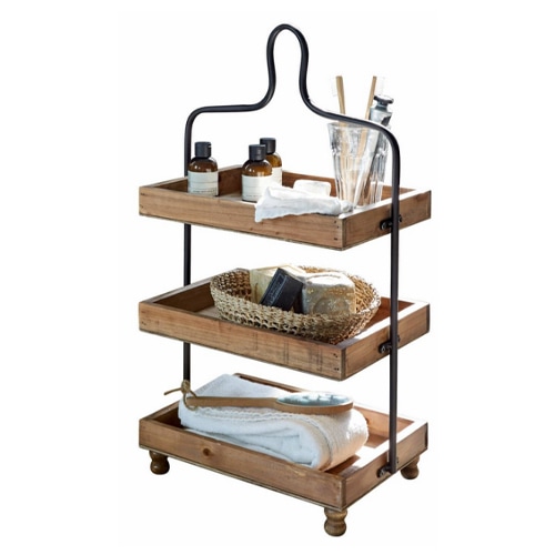 Étagère à trois niveaux en bois naturel et métal noir pour organiser les accessoires de salle de bain