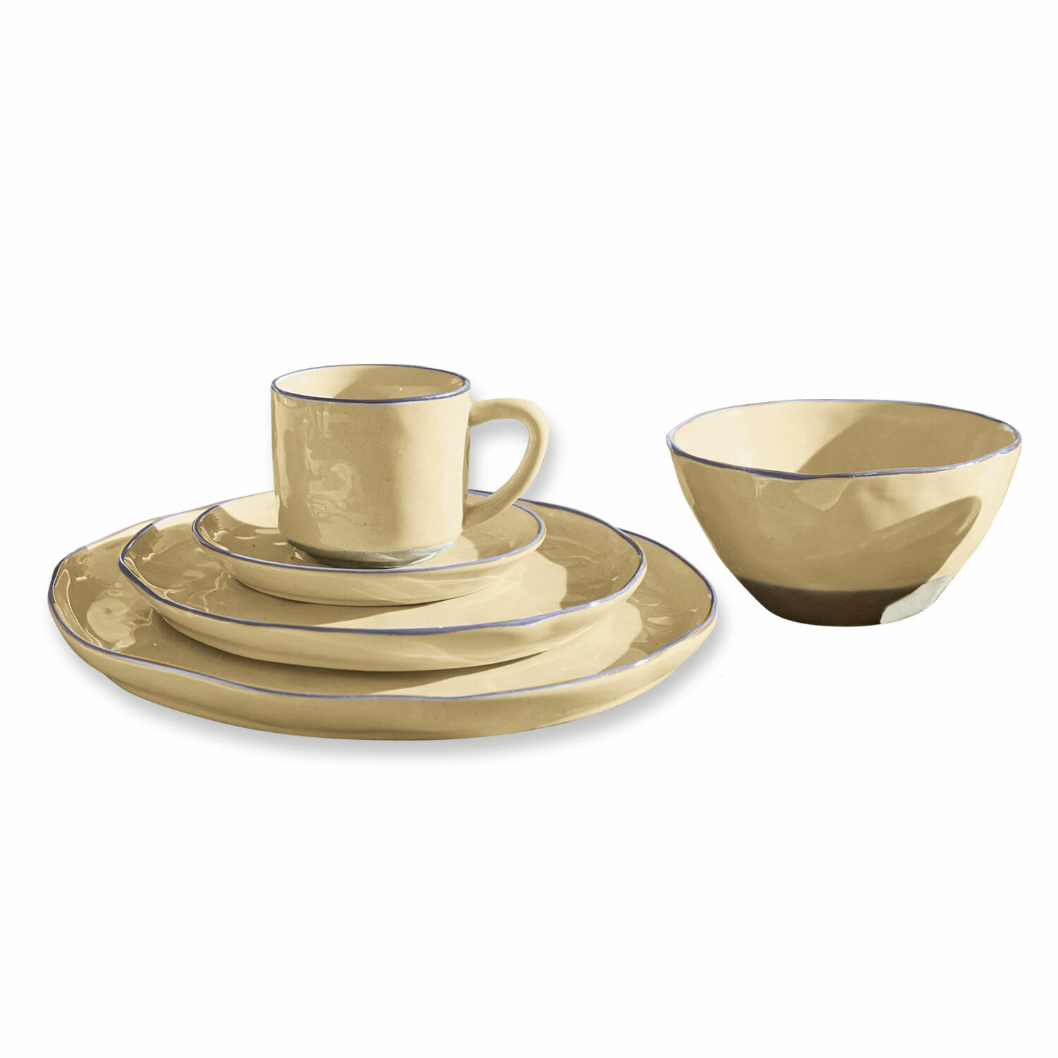 Service 30 pièces Biarré Service de vaisselle en céramique crème avec bordure bleue, comprenant assiettes et tasse