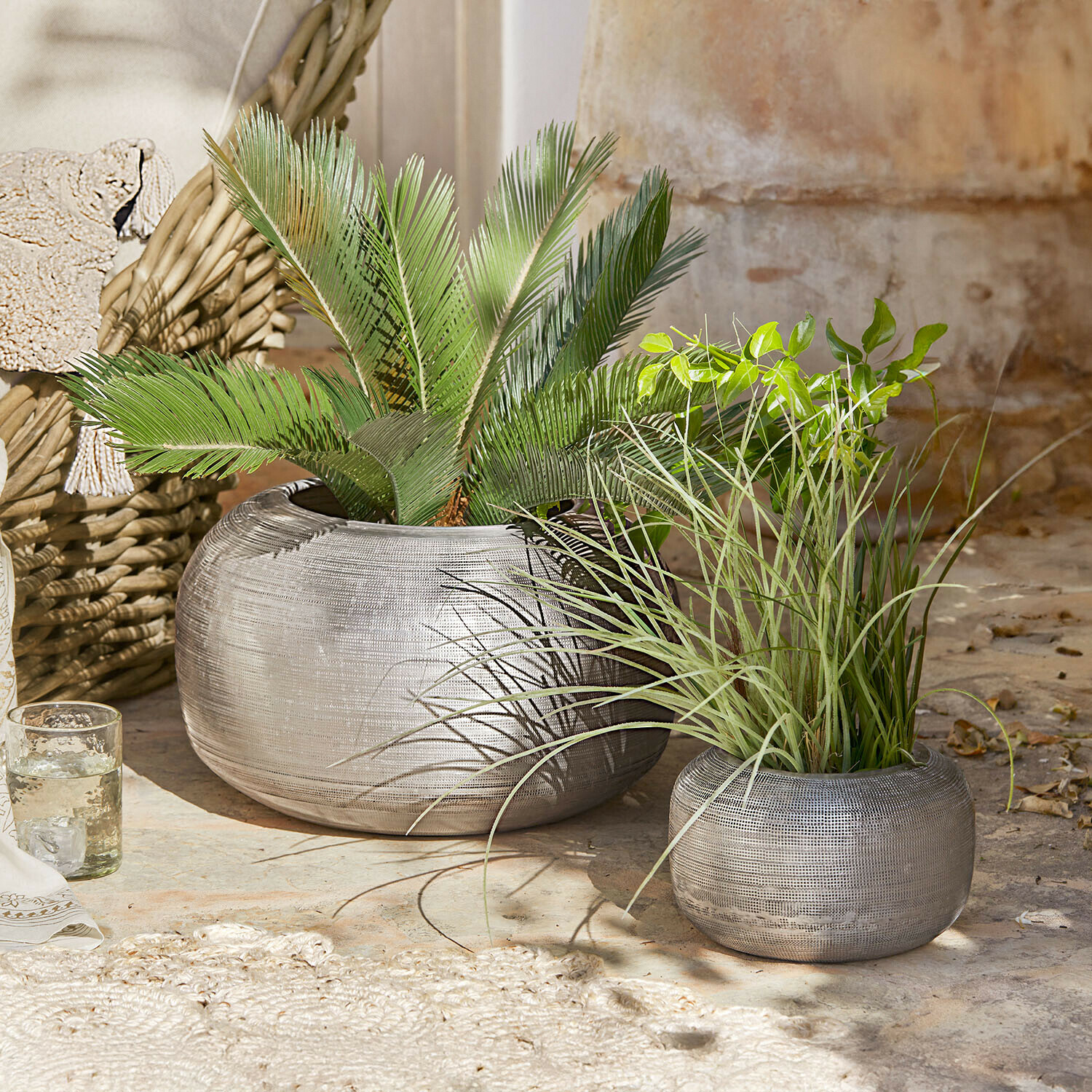 Deux pots ronds en métal argenté avec plantes vertes, décoration extérieure naturelle et moderne
