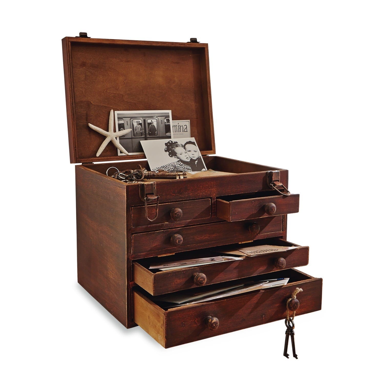 Organiseur de table Clearfield Boîte en bois avec tiroirs ouverts, clés et photos à l'intérieur, style vintage