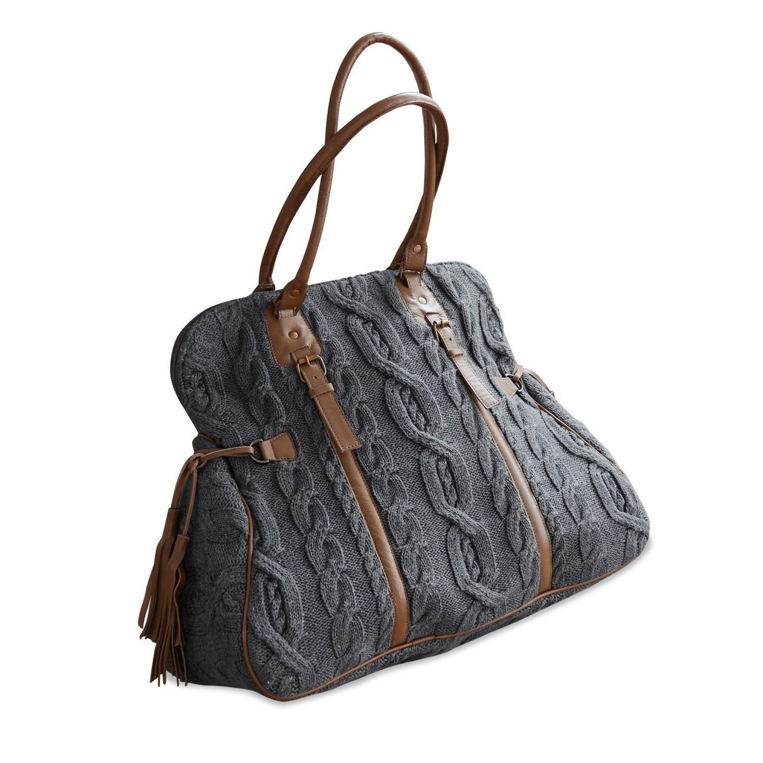 Sac Donna gris en maille avec poignées et détails en cuir marron, accessoire tendance