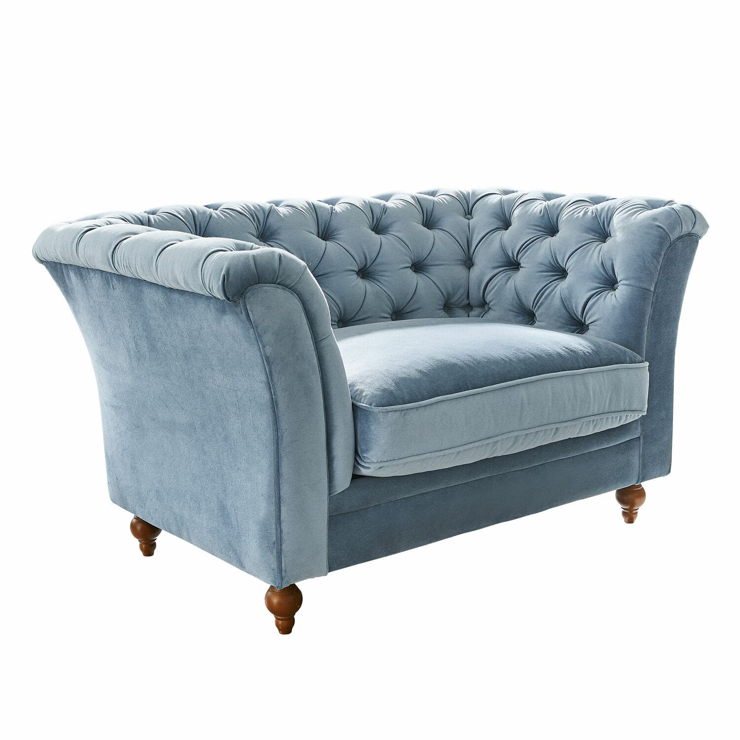Canapé Clères Canapé Chesterfield bleu en velours avec dossier capitonné et pieds en bois, meuble élégant pour salon