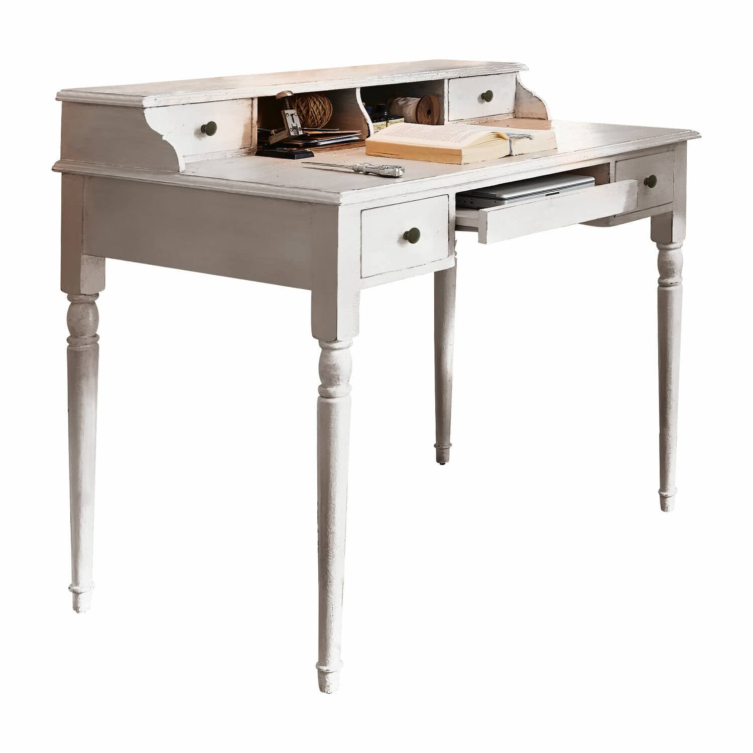 Secrétaire Isabelle Bureau en bois blanc avec tiroirs et étagères, style vintage, meuble de travail et rangement
