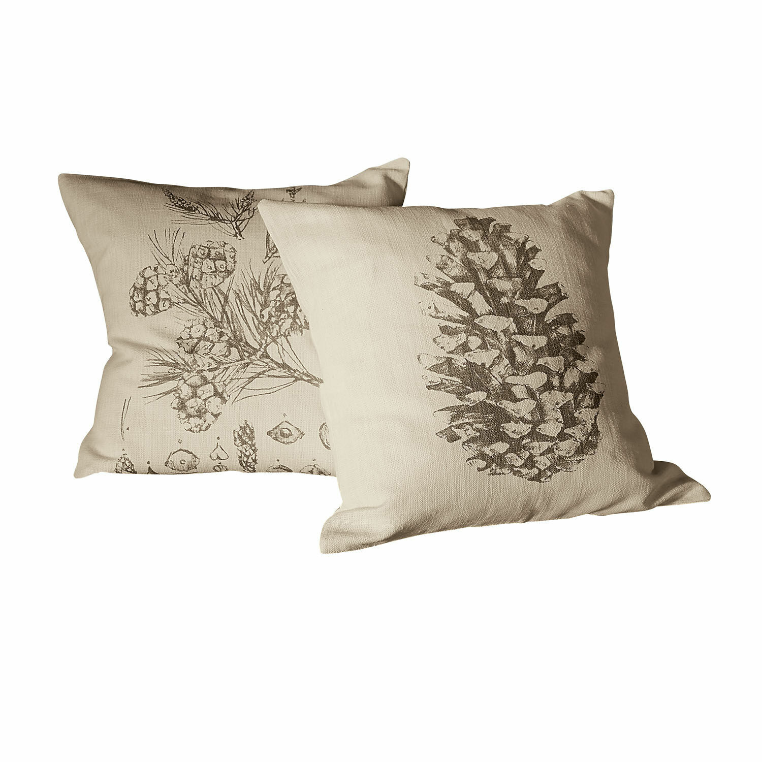 Lot de 2 housses de coussins Pinus Coussins en lin beige avec imprimé de pommes de pin et branches de pin pour décoration intérieure