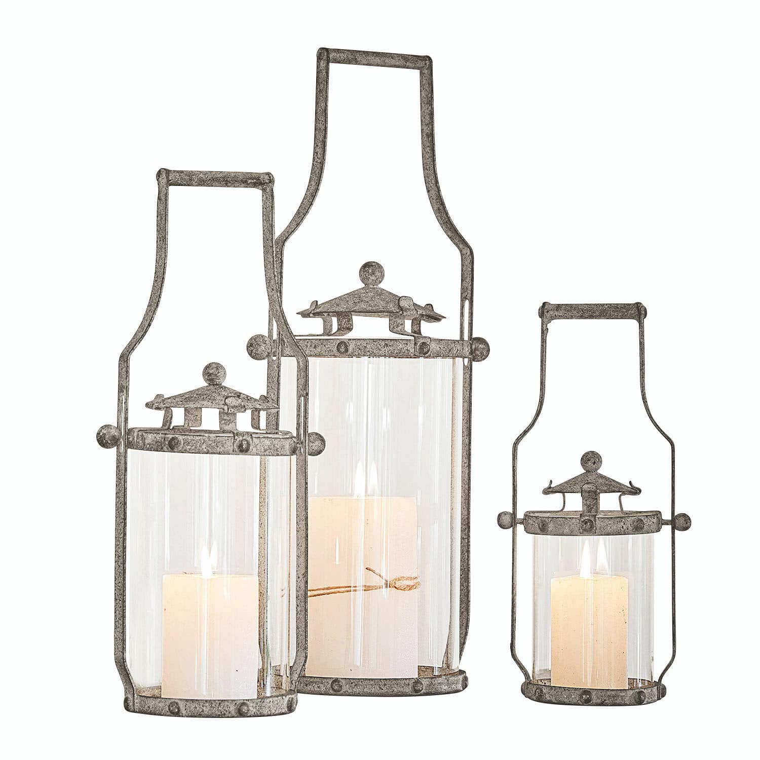 Lot de 3 lanternes Nery Ensemble de trois lanternes en métal gris avec bougies blanches pour décoration intérieure et extérieure