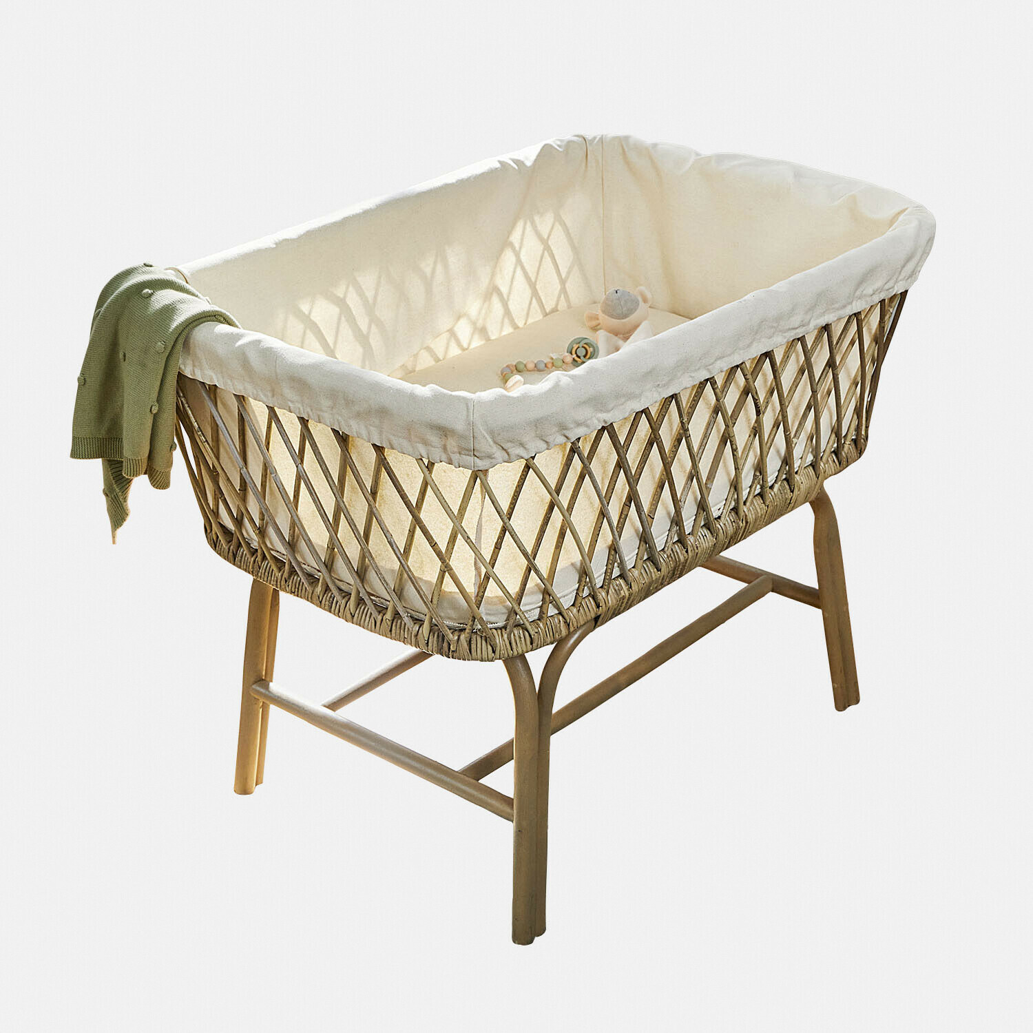 Berceau Nuvinas Berceau en osier et bois avec doublure crème et couverture verte, mobilier pour chambre de bébé