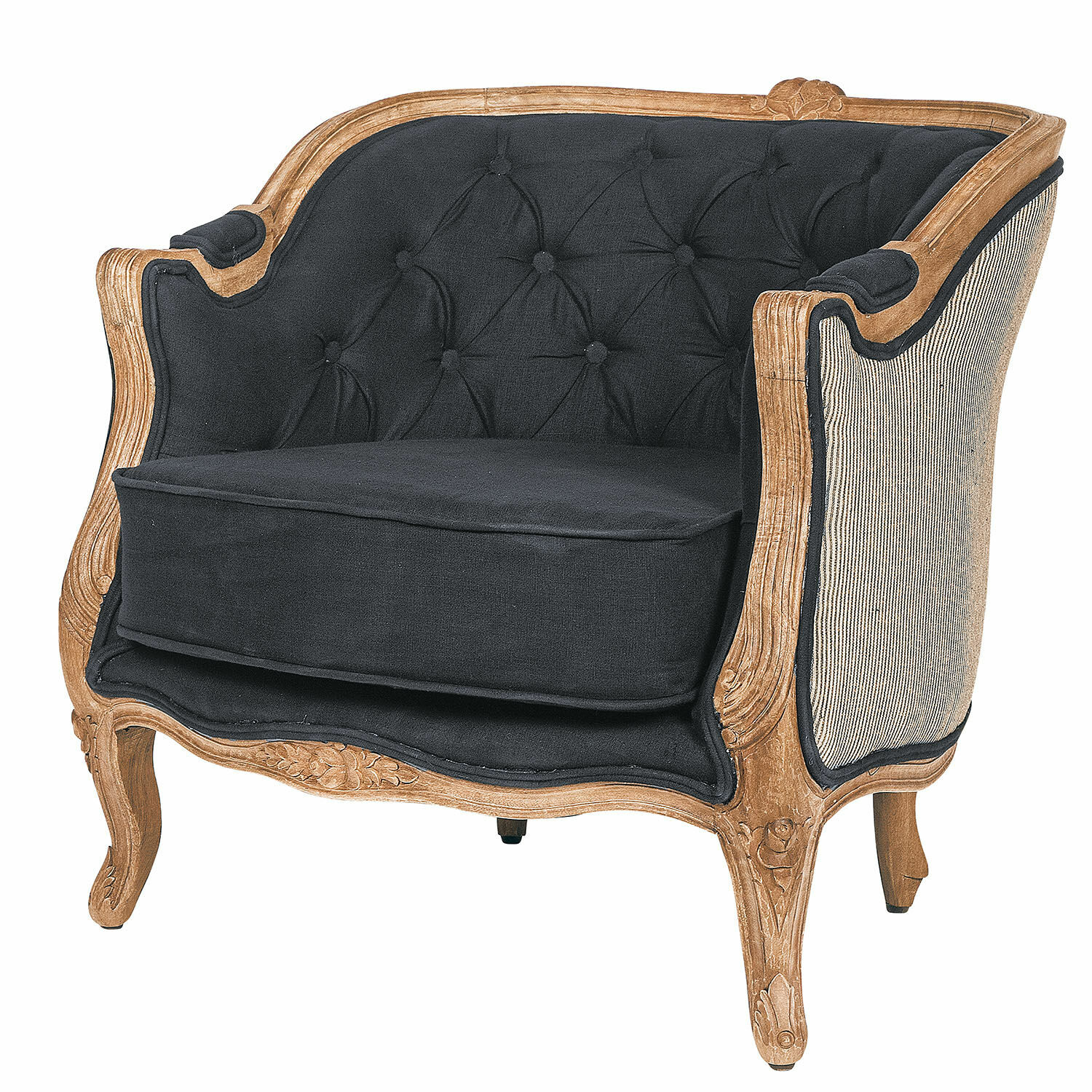 Fauteuil Annezay Fauteuil en bois sculpté avec assise noire capitonnée, style vintage, mobilier de salon