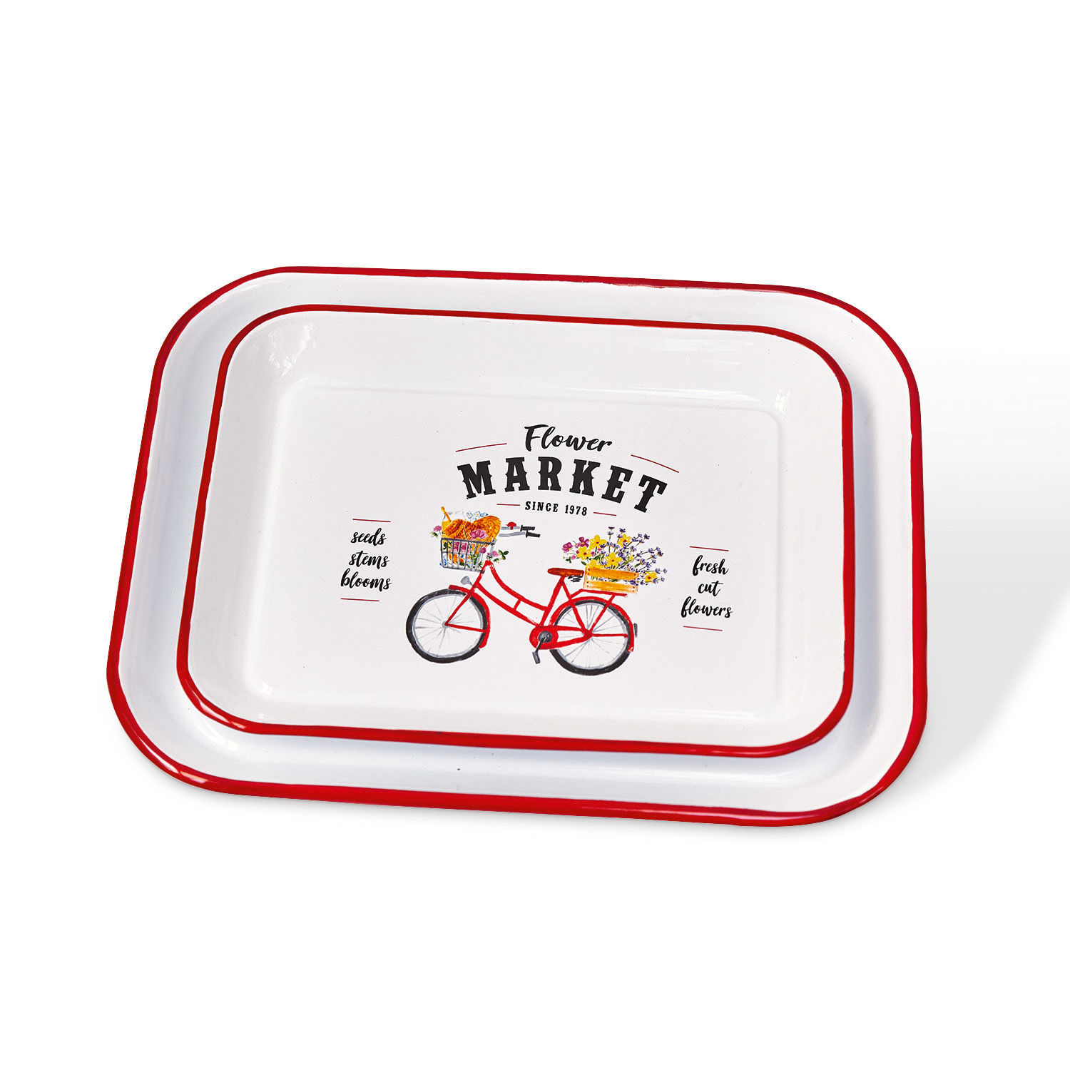 Lot de 2 plateaux Flower Market Ensemble de deux plateaux émaillés blancs avec bord rouge et motif vélo fleuri vintage