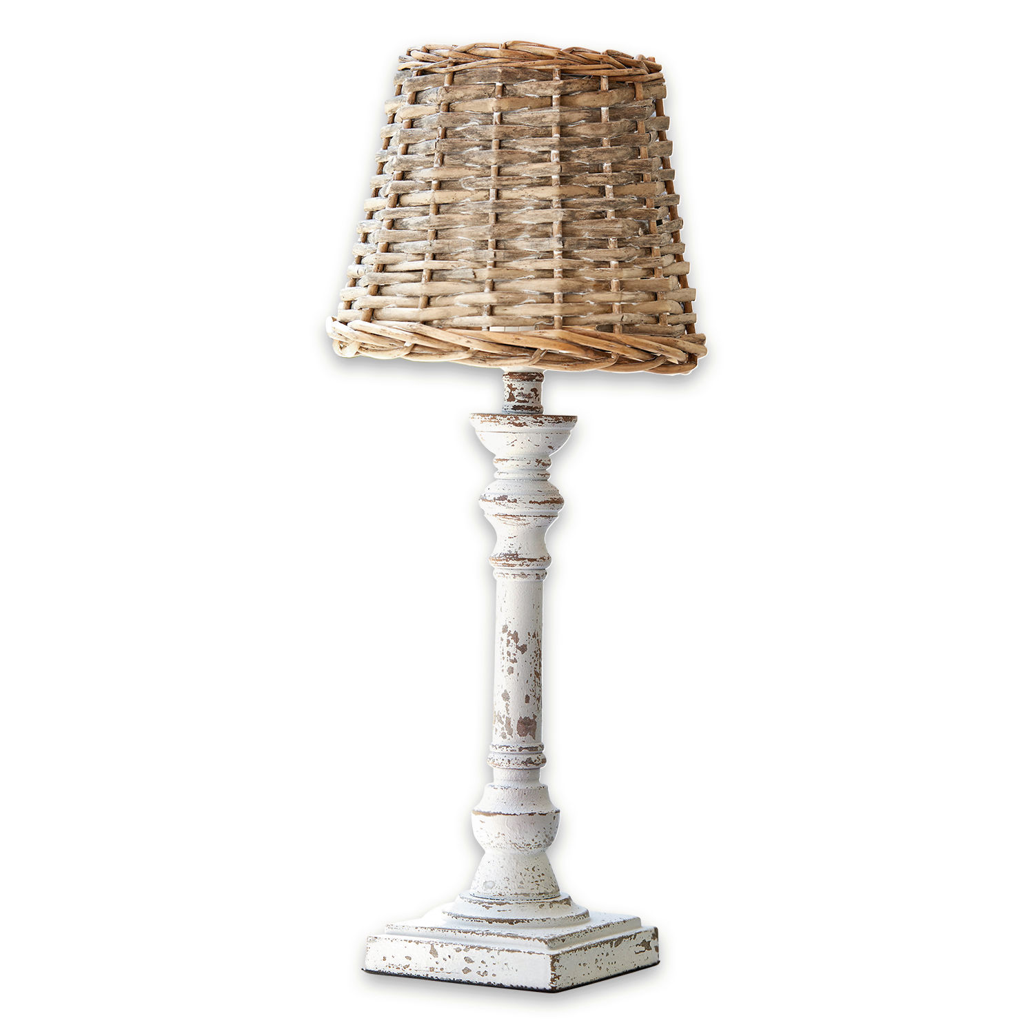 Lampe à poser Noelie Lampe de table en bois blanc vieilli avec abat-jour en osier naturel pour décoration intérieure