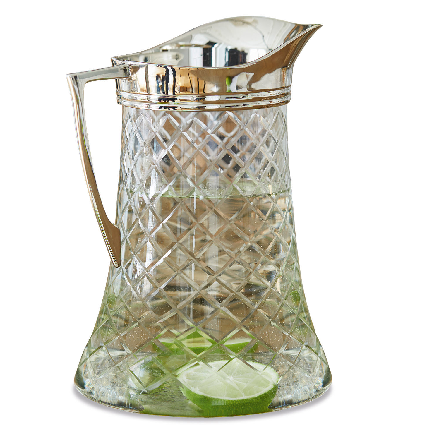 Pichet Meloisey Carafe en verre avec poignée et bec en métal, transparente avec tranches de citron vert à l'intérieur