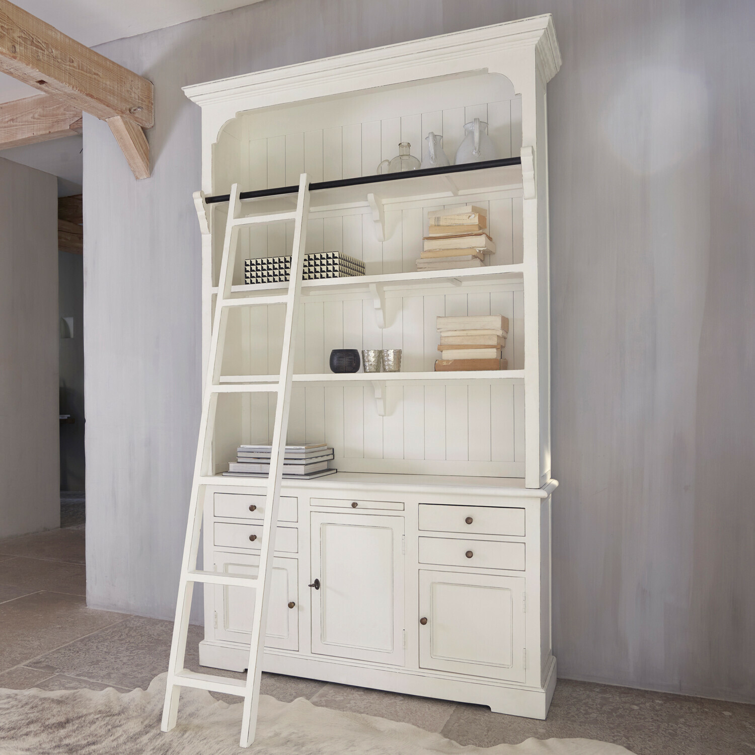 Buffet Monts Bibliothèque blanche en bois avec échelle et étagères, meuble élégant pour salon ou bureau