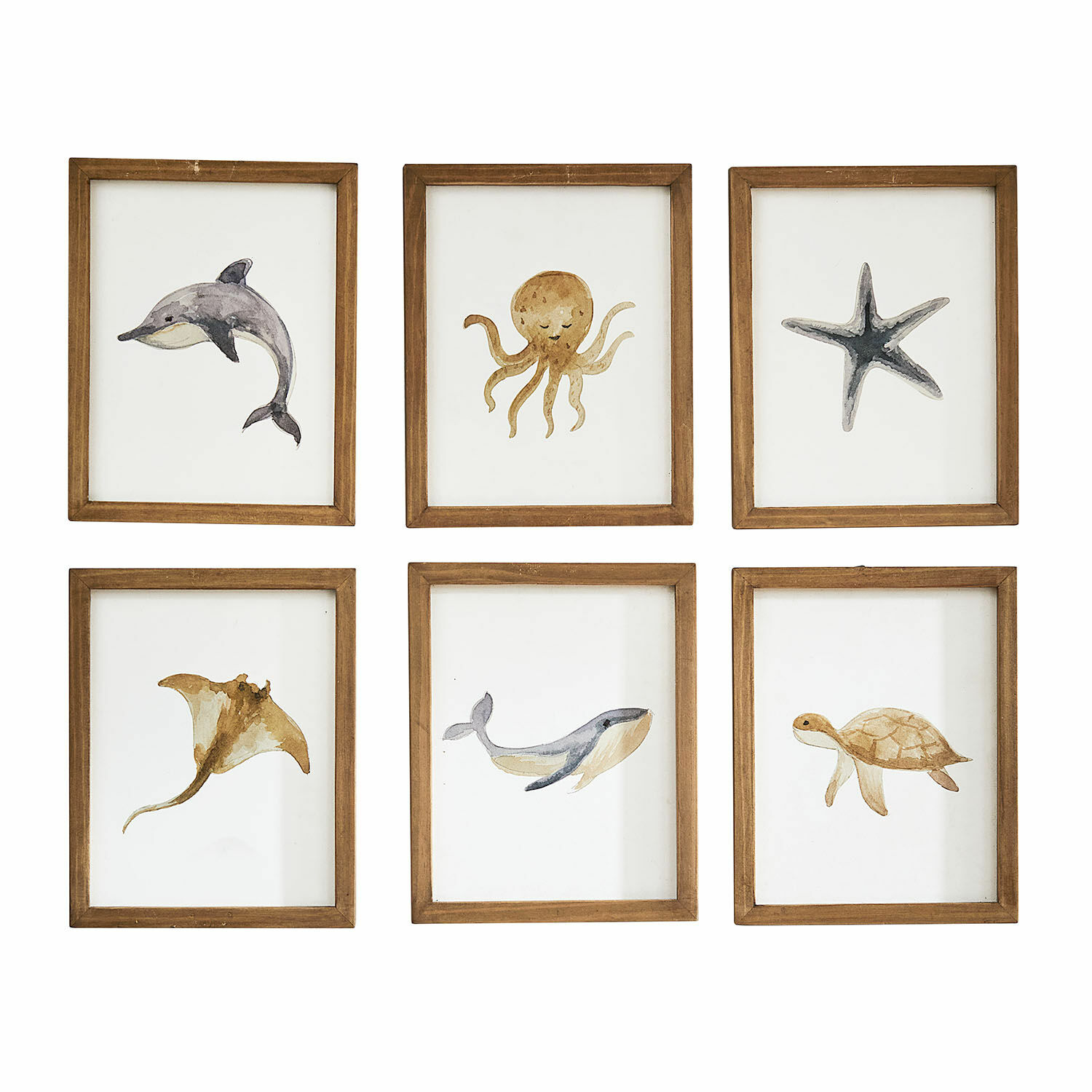 Lot de 6 dessins Nibblu Ensemble de six cadres en bois avec peintures aquarelles d'animaux marins aux couleurs naturelles