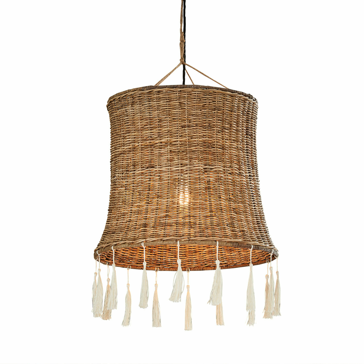 Abat-jour Éverill Suspension en osier naturel avec pampilles blanches, lampe bohème pour salon chaleureux