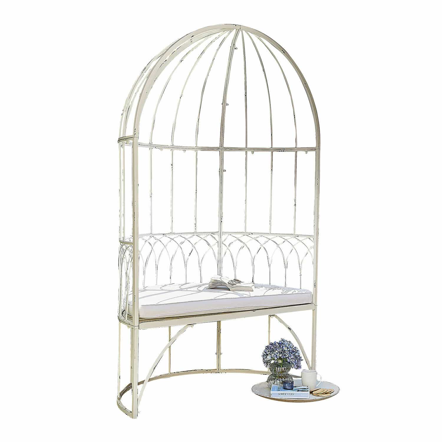 Banc Rivandelle Banc en métal blanc avec coussin et dôme style vintage pour jardin ou terrasse