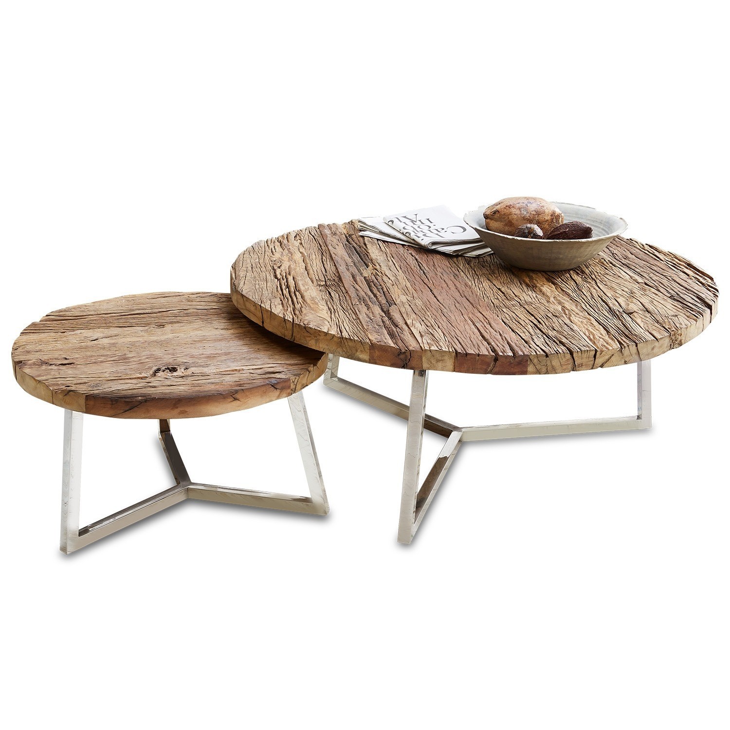 Lot de 2 tables basses Nevada Ensemble de deux tables basses rondes avec plateau en bois naturel et pieds métalliques argentés