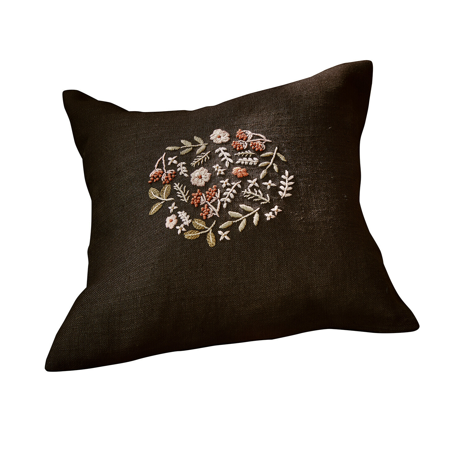 Housse de coussin Mireve Coussin en lin brun foncé avec broderie florale, décoration élégante pour salon et chambre