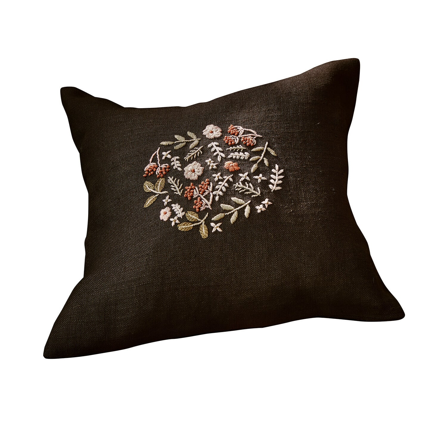 Housse de coussin Mireve Coussin en lin brun foncé avec broderie florale, décoration élégante pour salon et chambre