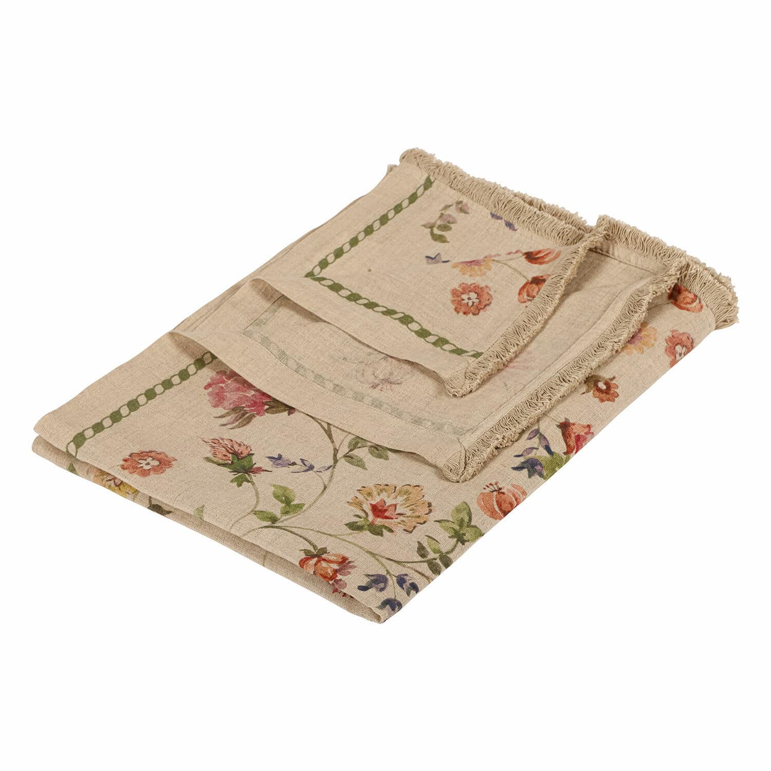 Plaid Karratha Nappe en lin beige avec motif floral et franges, décoration de table rustique élégante