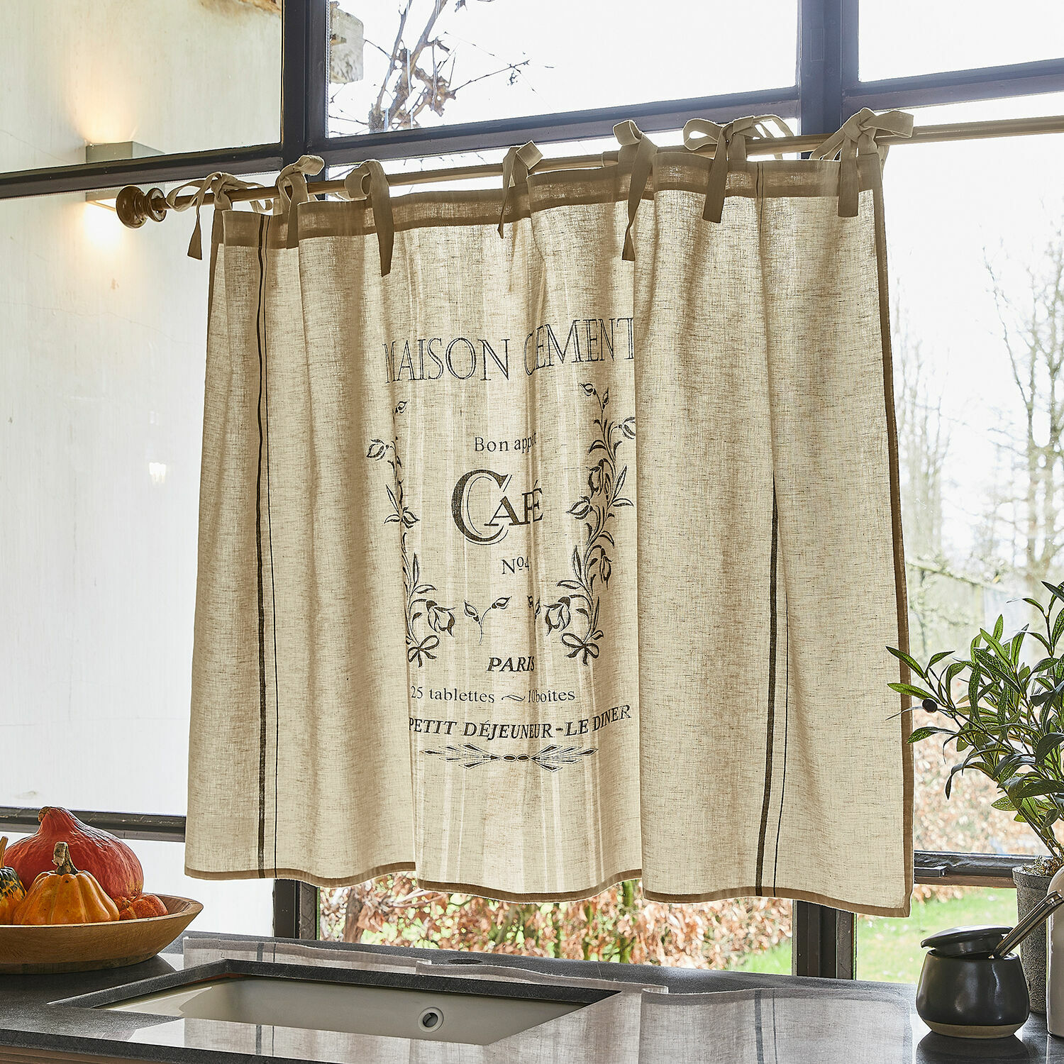 Brise-bise Girest Rideau beige en lin avec impression café noir, décoration de fenêtre pour cuisine, tissu naturel