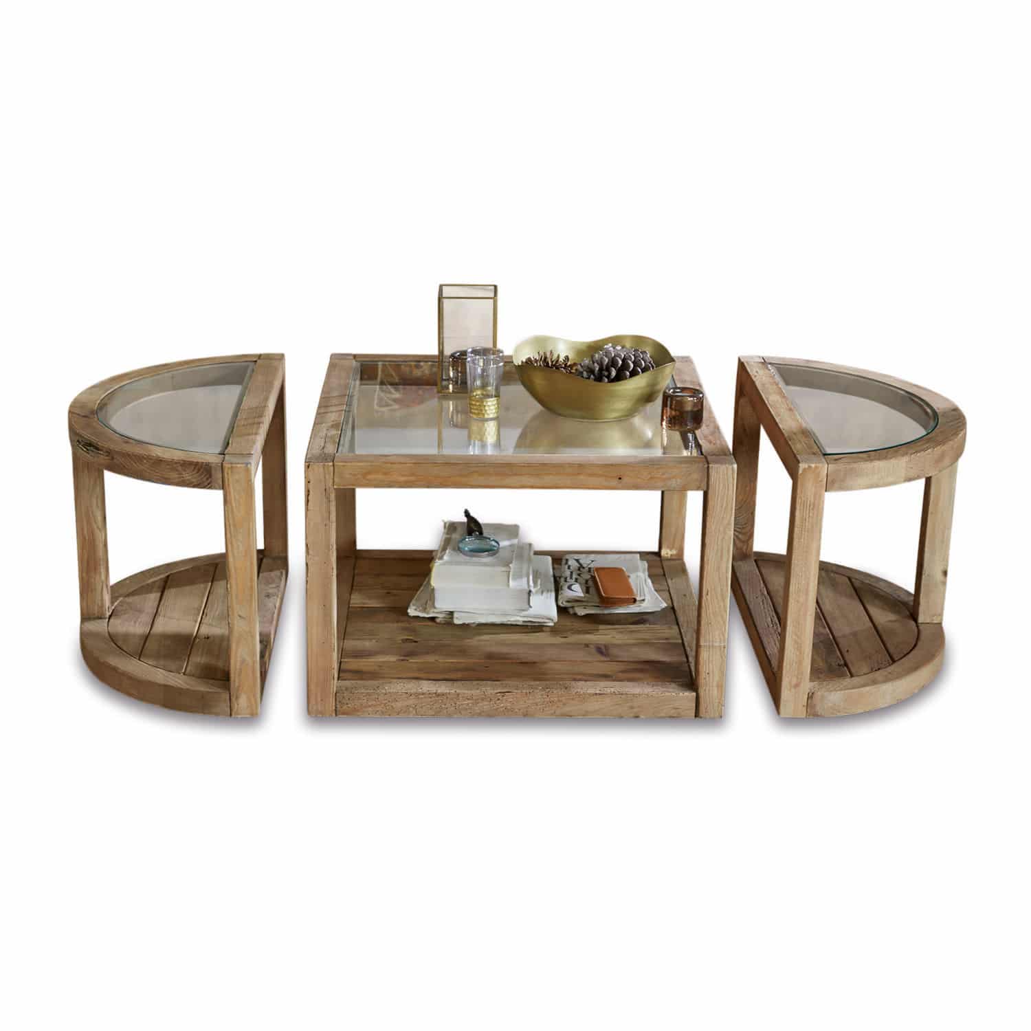 Table basse Hyllorian Ensemble de tables basses en bois naturel et verre, design fonctionnel et élégant pour salon moderne