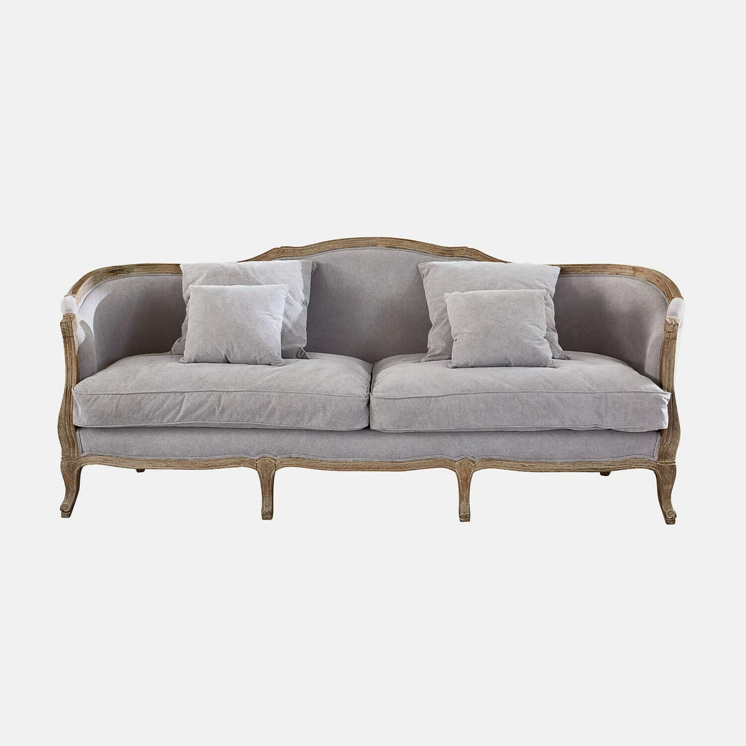 Canapé vintage en tissu gris avec cadre en bois, meuble confortable pour salon