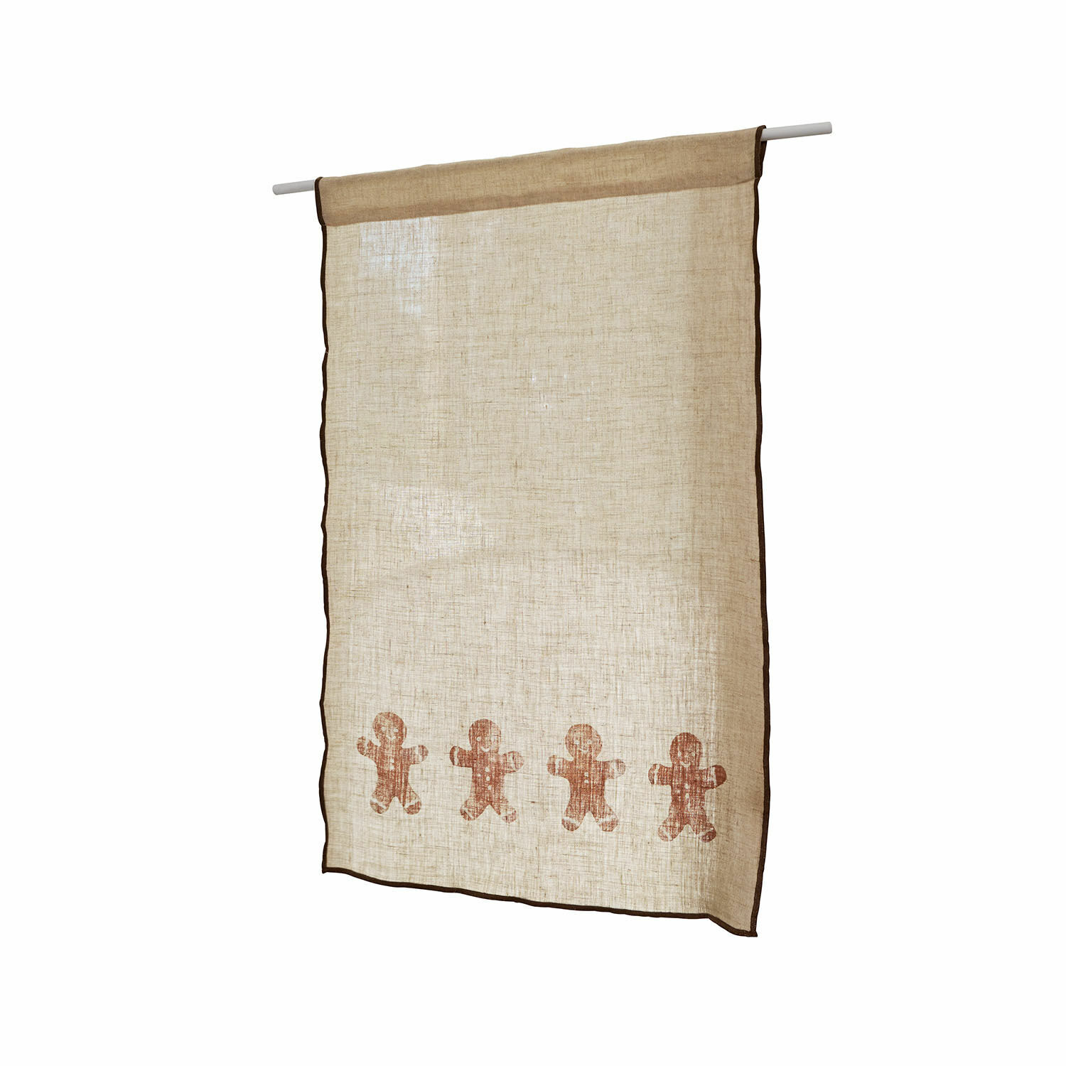 Brise-bise Gingerbread Rideau en lin beige avec bordures marron et motifs bonhommes en pain d'épice, décoration fenêtre