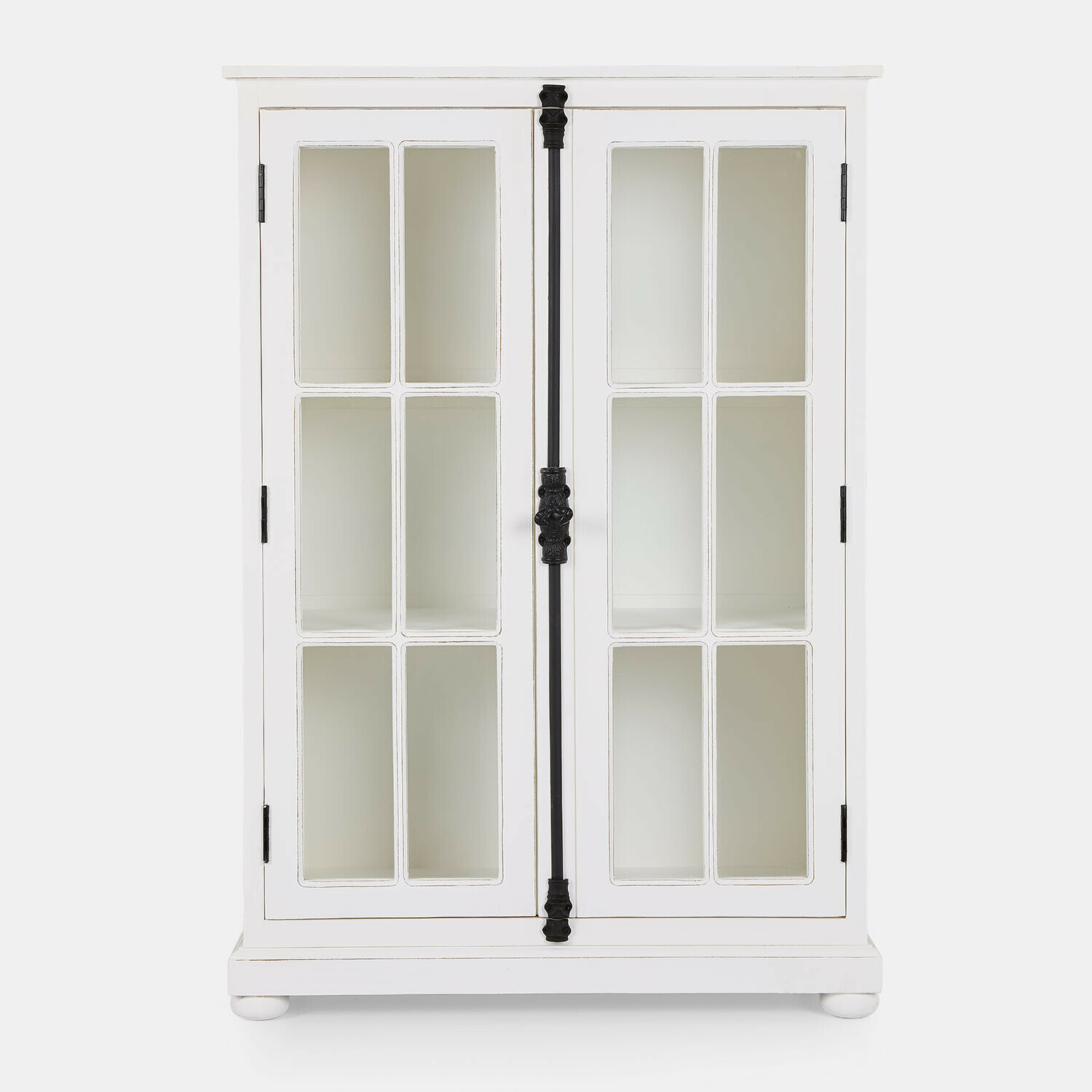 Vitrine Salivonne Armoire blanche en bois avec portes vitrées et poignée en métal noir pour rangement élégant