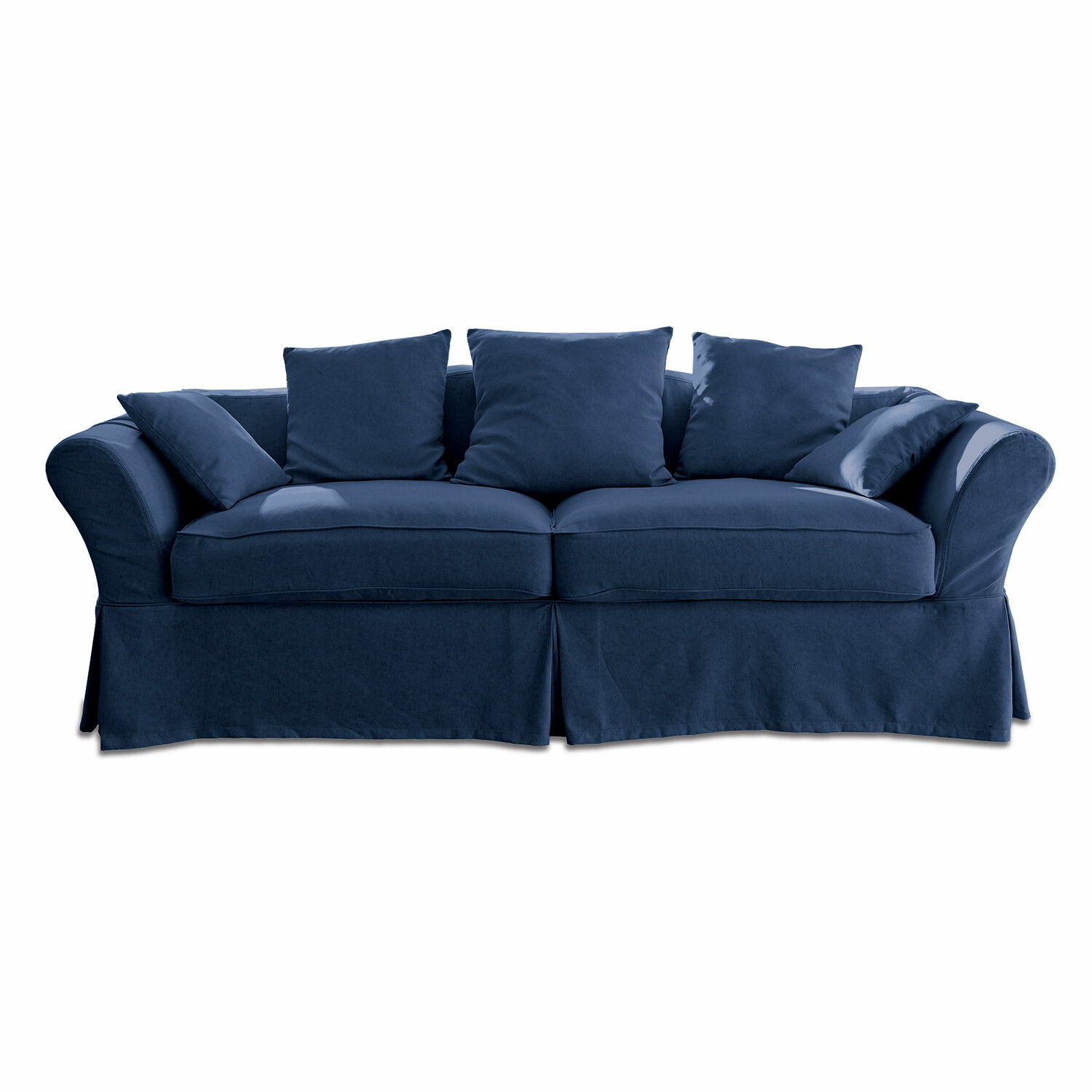 Canapé Worcester bleu en tissu avec coussins, confortable et élégant pour salon