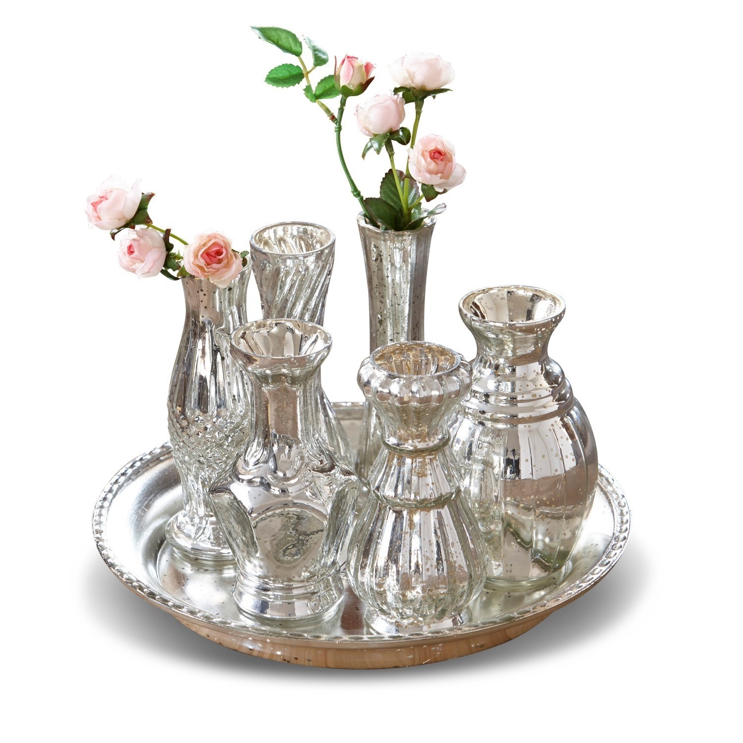 Plateau avec vases Blairville Ensemble de vases en verre argenté sur plateau avec fleurs roses, décoration élégante