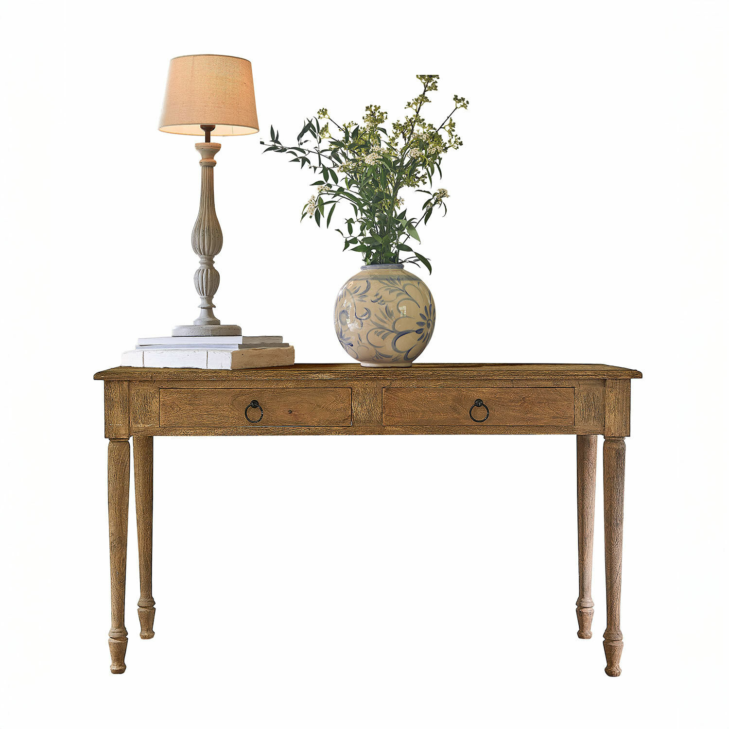Console Jovrac Table en bois avec deux tiroirs, lampe et vase en céramique avec fleurs vertes posés dessus