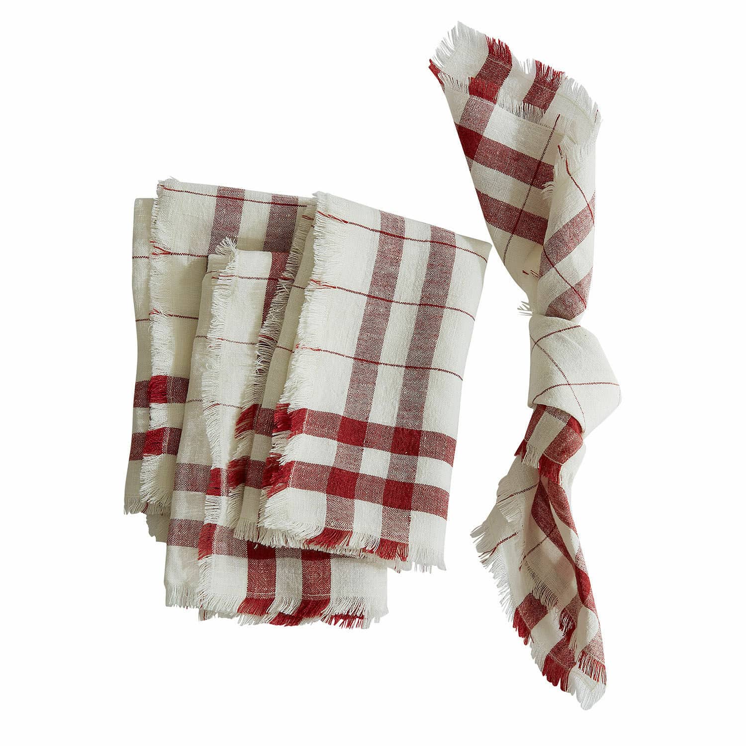 Lot de 4 serviettes de table Zarella Serviettes en lin à carreaux blancs et rouges avec franges, textiles de table décoratifs pour la maison