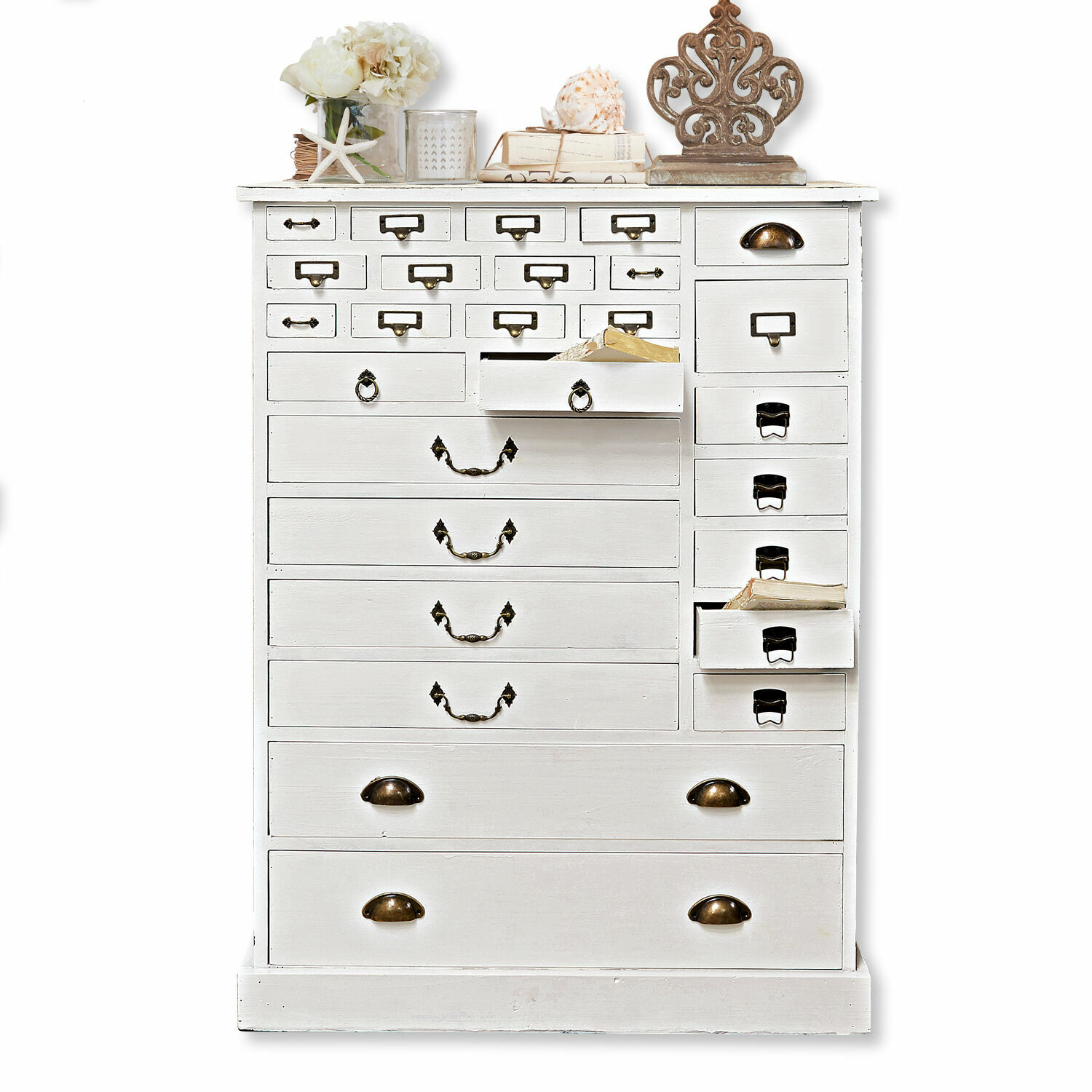 blanc Commode blanche en bois Darling avec de nombreux tiroirs et poignées en métal pour rangement
