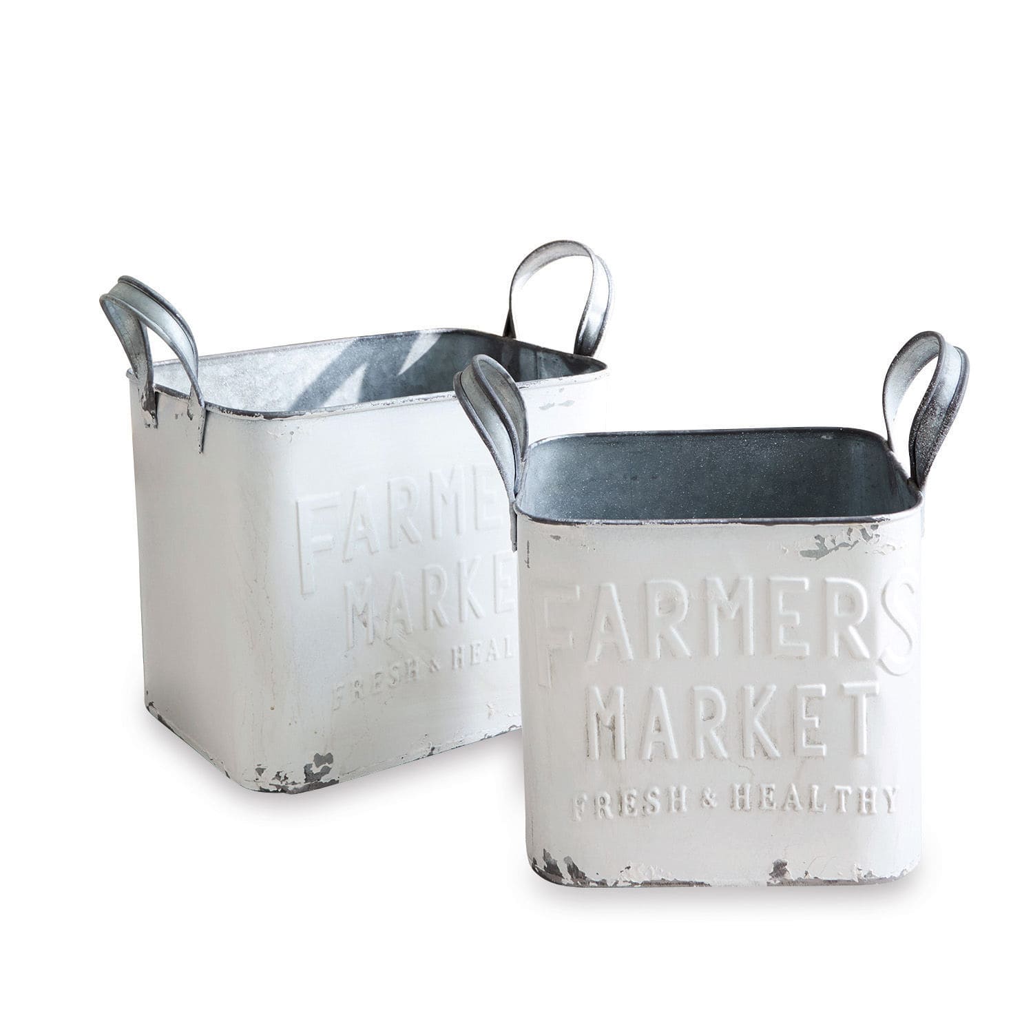 Lot de 2 paniers Market Ensemble de deux bacs métalliques blancs avec poignées et inscription Farmers Market, style vintage