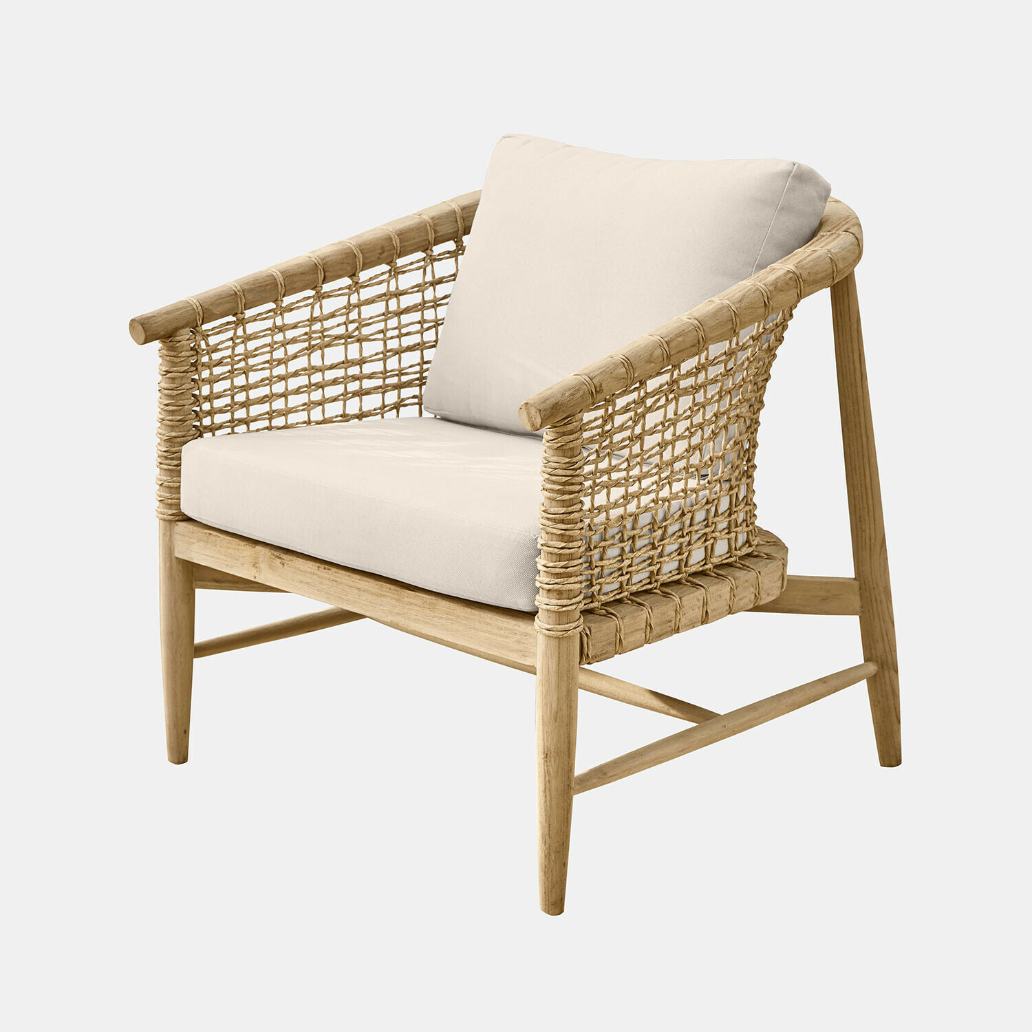 Fauteuil Roselva Fauteuil en bois et corde tressée avec coussin beige clair, meuble élégant pour salon