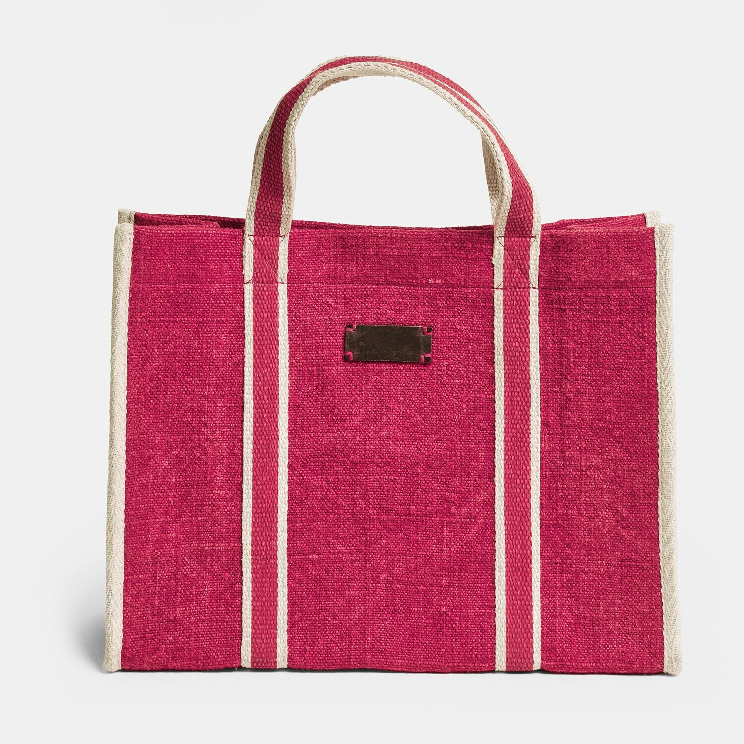 Cabas Norisse Sac rouge en tissu avec poignées et bandes beiges, sac pratique pour courses ou usage quotidien