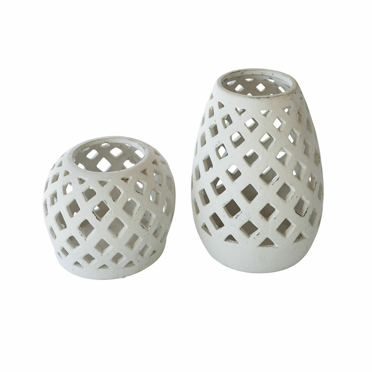 Lot de 2 photophores Serignac Deux lanternes en céramique blanche avec motif ajouré en losanges pour décoration intérieure