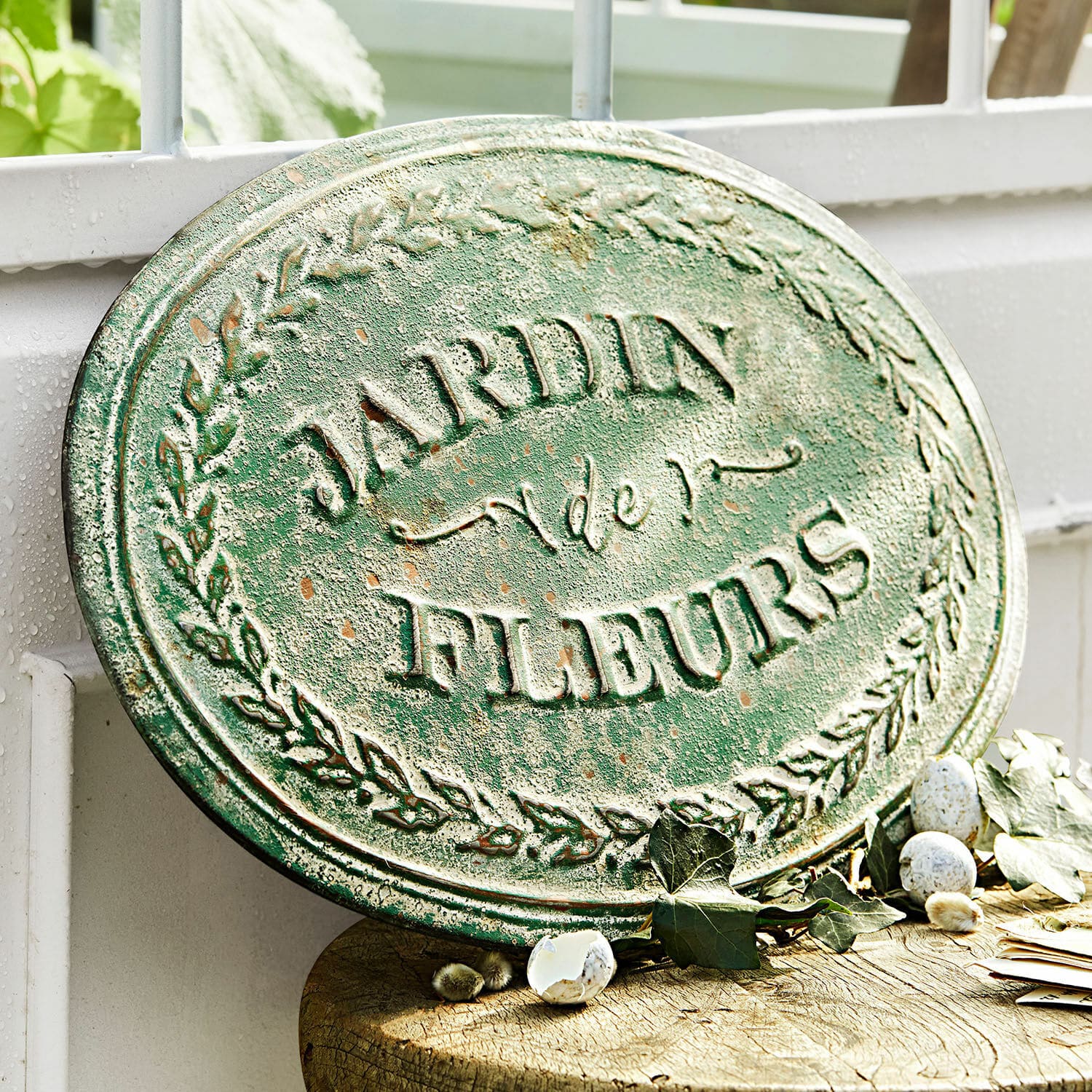 Plaque décorative Jardin de Fleurs Plaque de jardin ovale en métal vert avec inscription Jardin de Fleurs et décor de feuilles