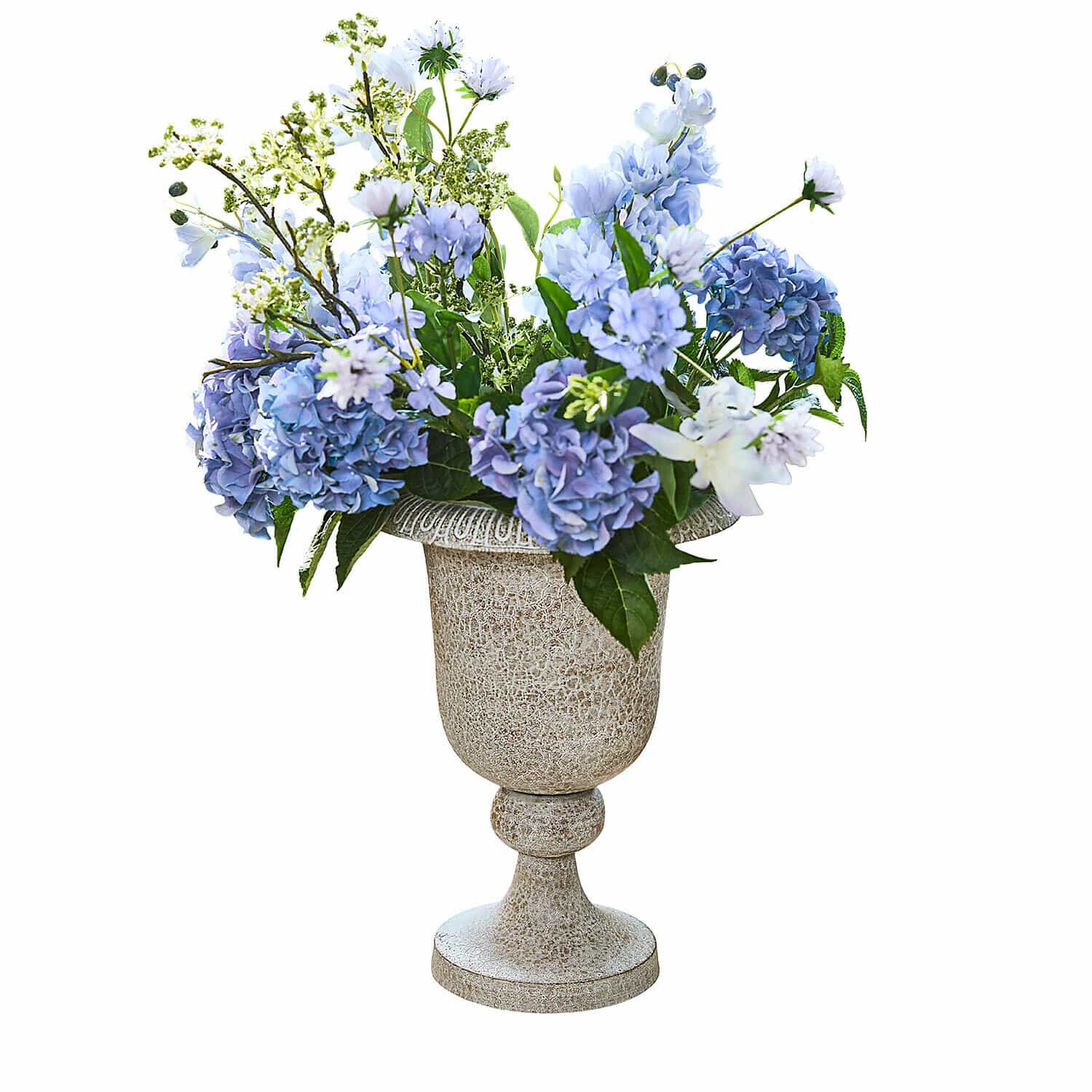 Vase Vittoriane Bouquet de fleurs bleues et blanches dans un vase décoratif beige en pierre artificielle