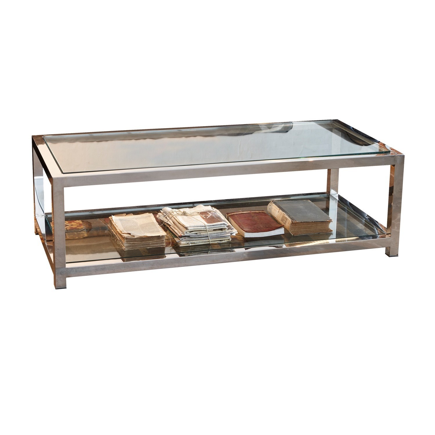 Table basse Clayton Table basse en verre et métal argenté avec étagère pour livres et journaux
